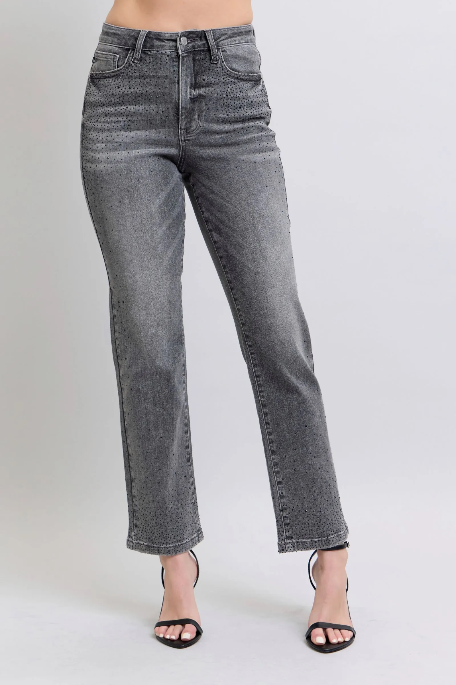 Grey/Black Judy Blue High Waist Rhinestone Straight Jeans Soft Material