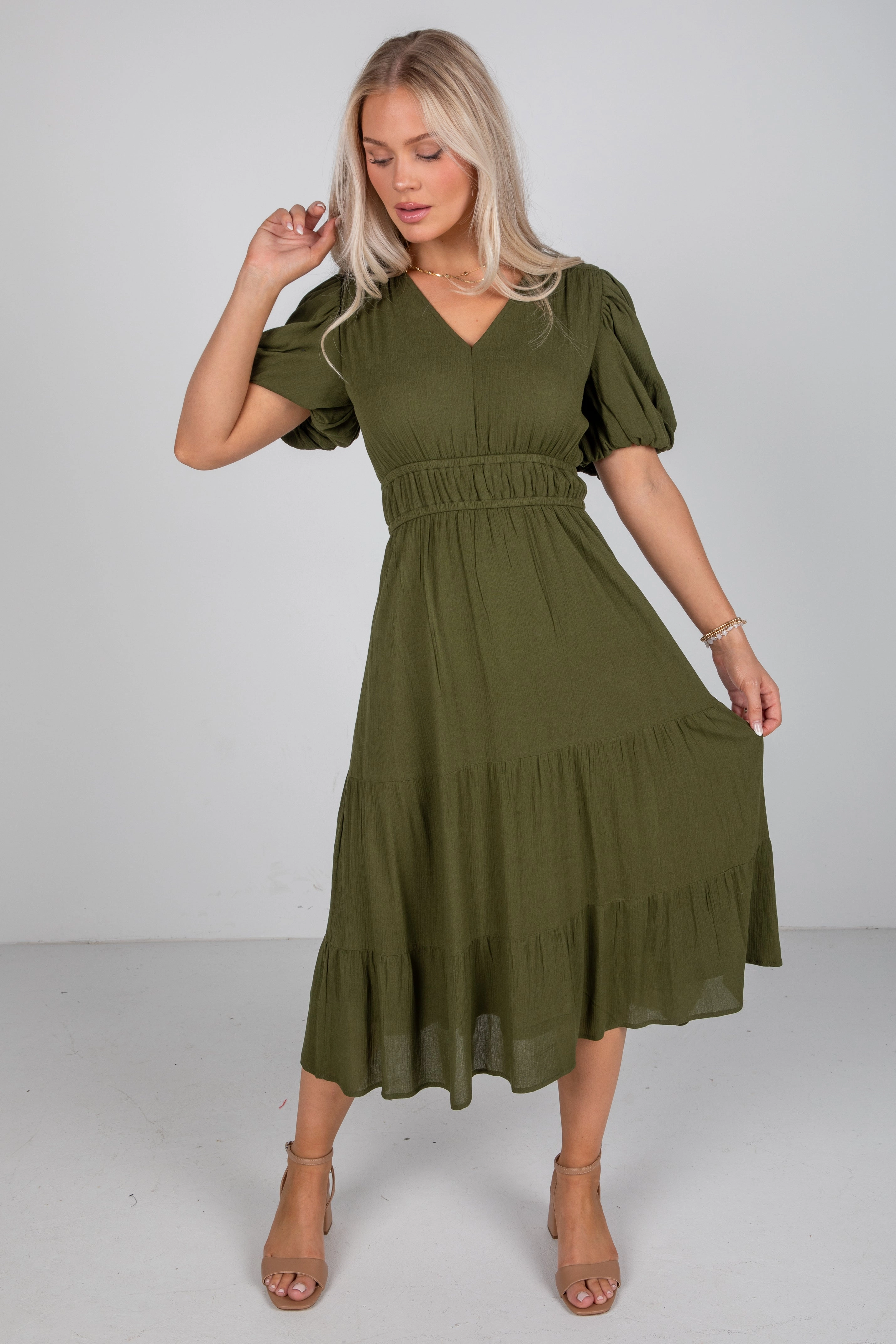 Embroidered-Sleeve Timeless and Comfortable Have The Best Time Olive Midi Dress