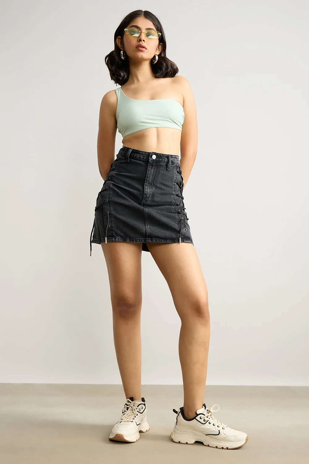 High Waisted Denim Skirt- Charcoal Global Inspiration Fashion Fusion