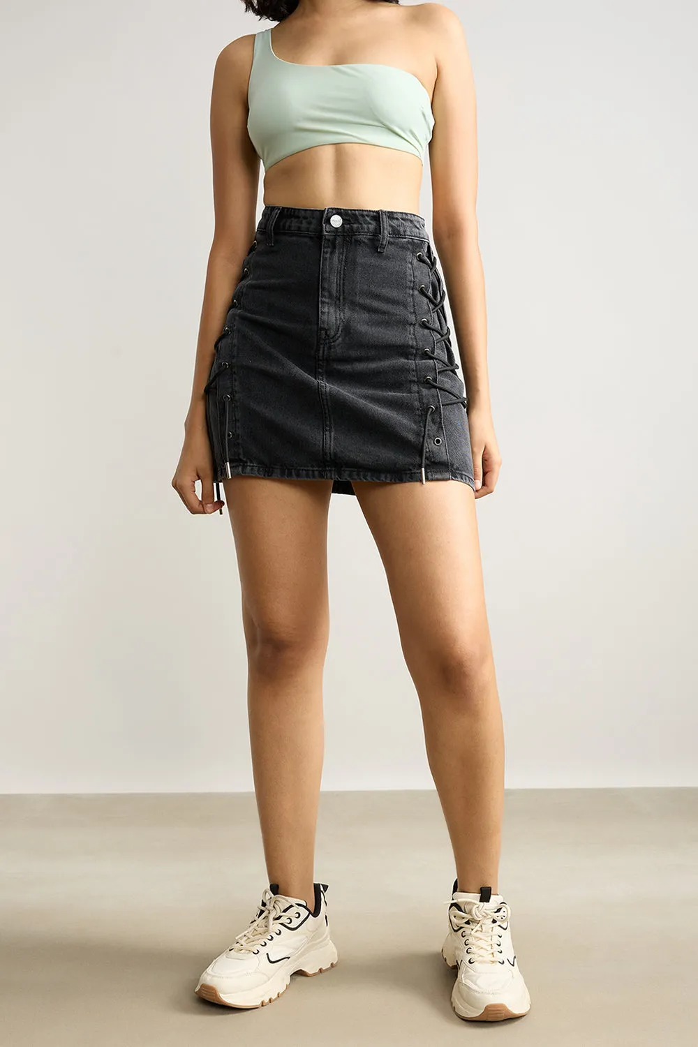 Removable Belt High Waisted Denim Skirt- Charcoal