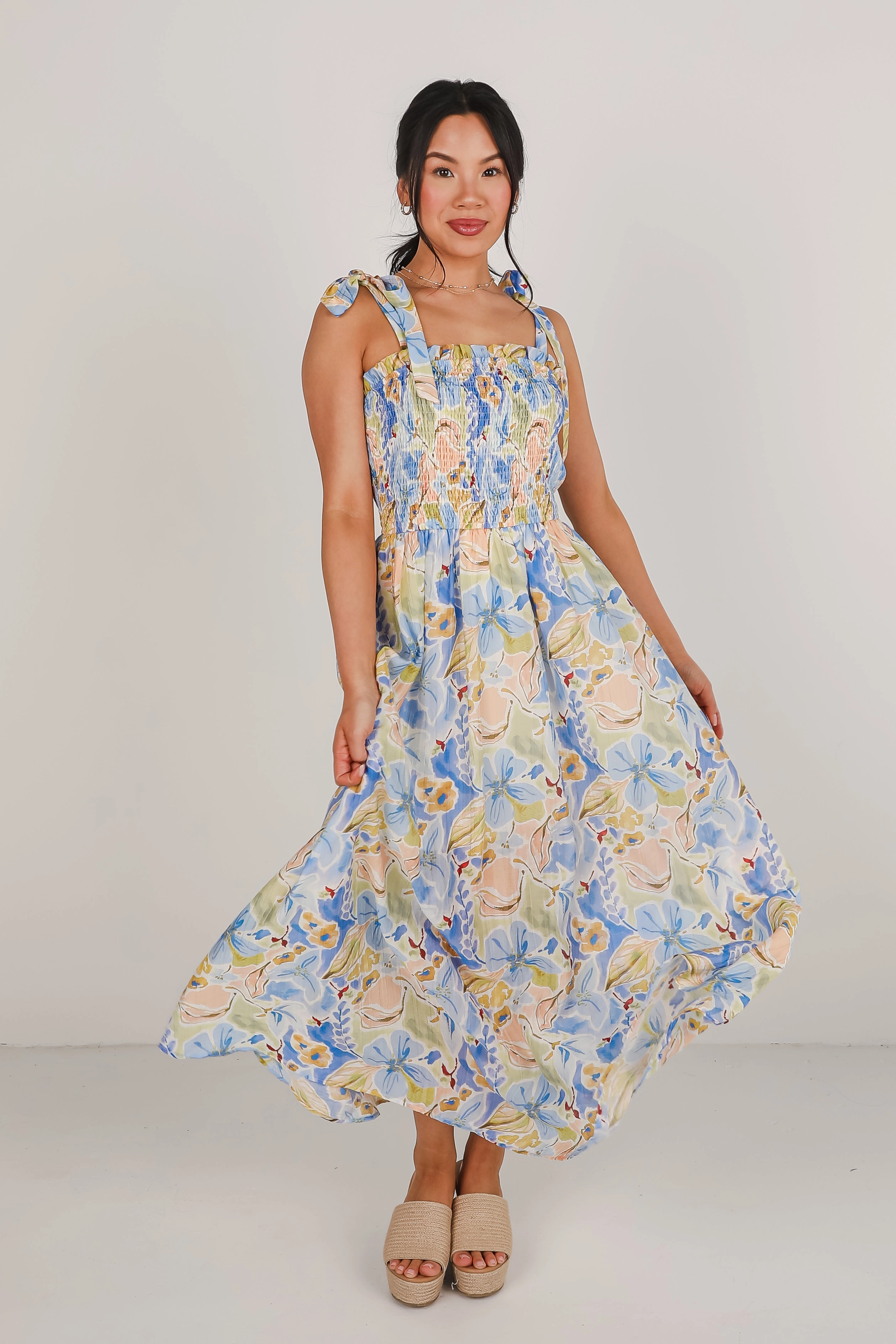 FINAL SALE - Come Back Blue Floral Smocked Maxi Dress Flow Line Edgy Twist