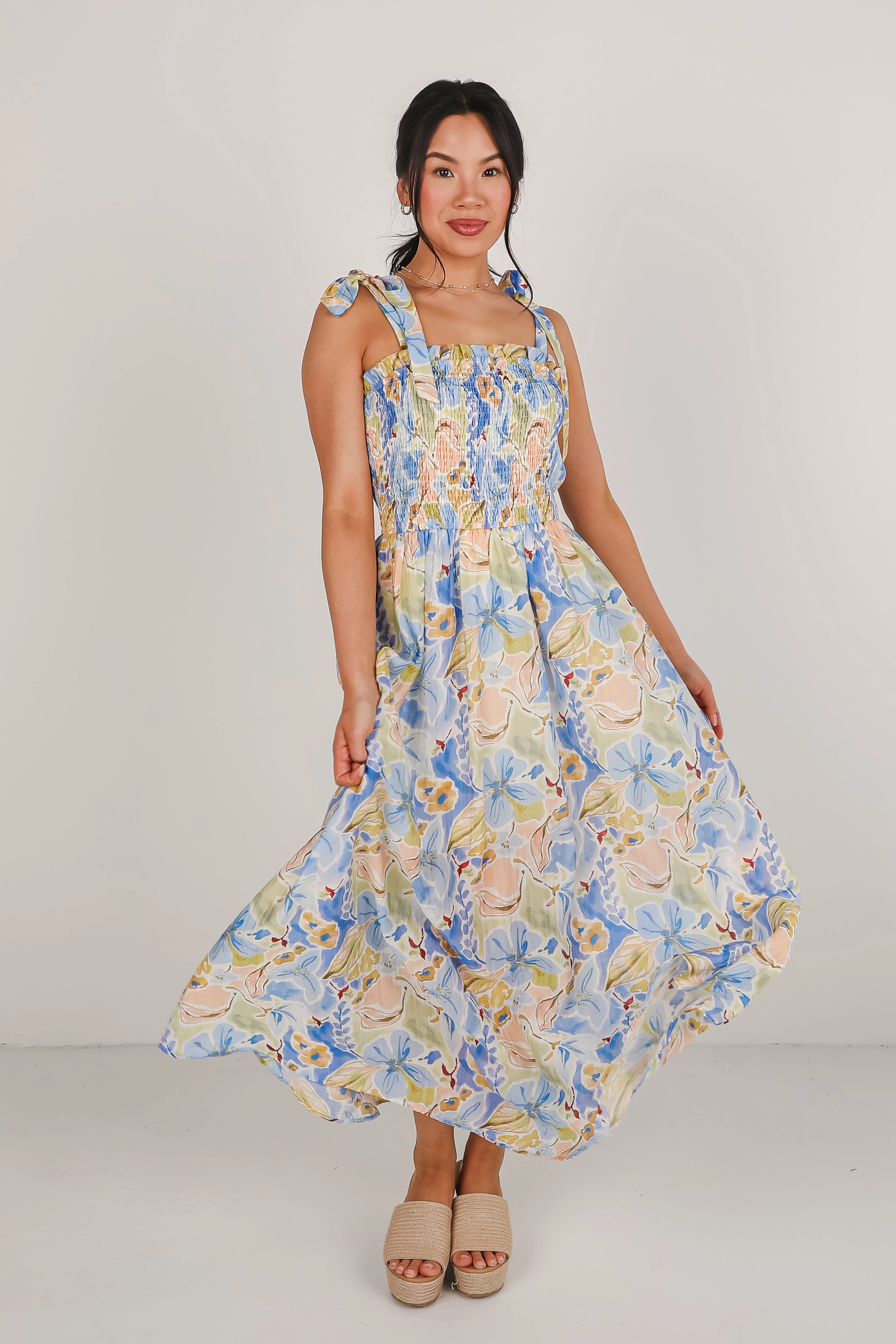 Comfortable Look Lace Ease FINAL SALE - Come Back Blue Floral Smocked Maxi Dress