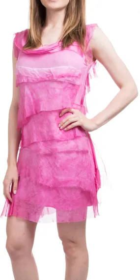 Hot Pink Silk Sleeveless Short Ruffle Dress Stylish Waistband Wrap Charm