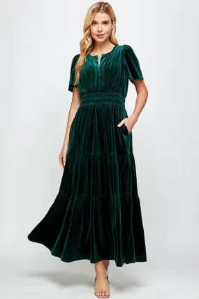 Hunter Green Velvet Tiered Midi Dress Button-Cuff