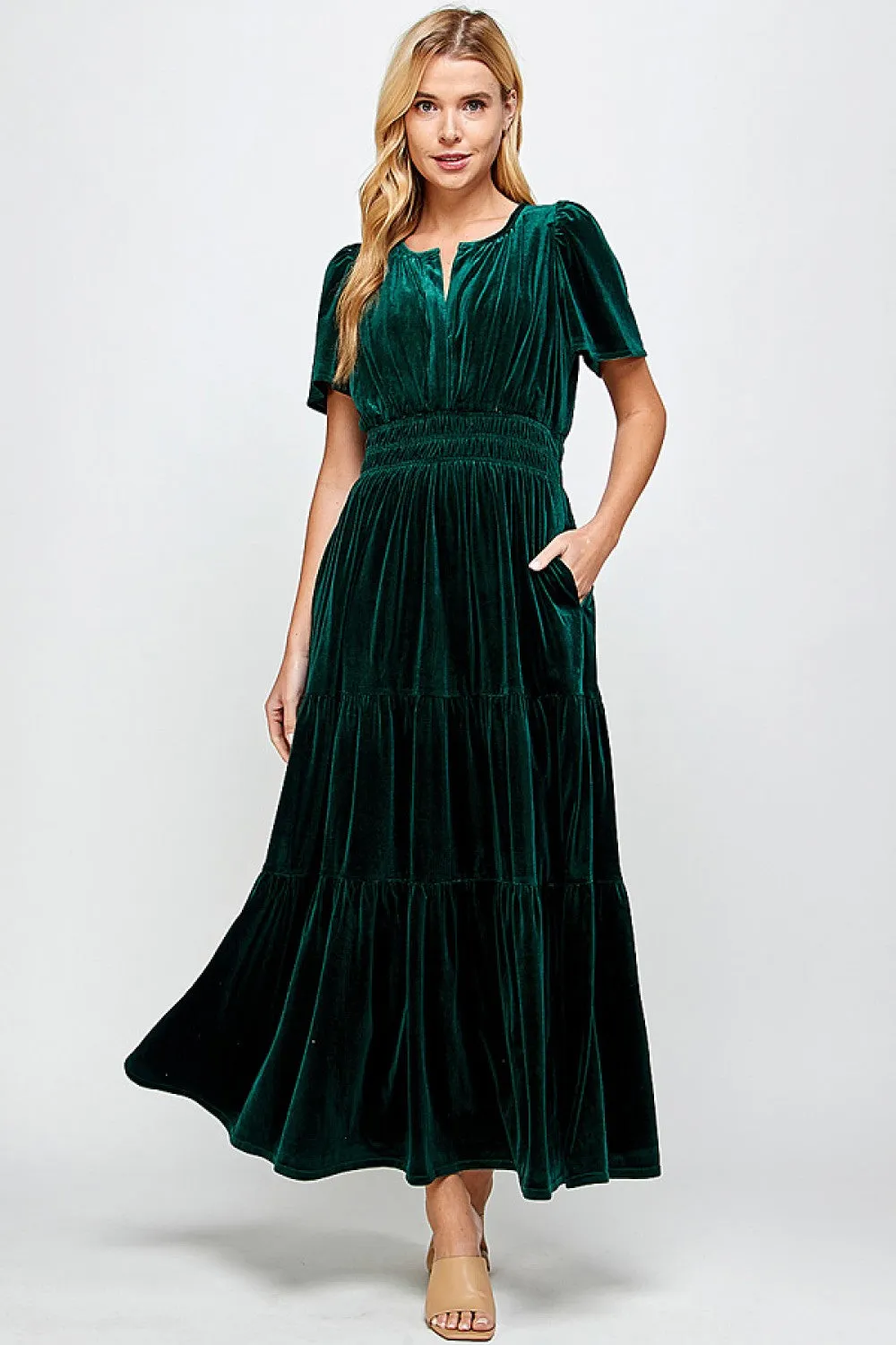 Hunter Green Velvet Tiered Midi Dress Button-Cuff