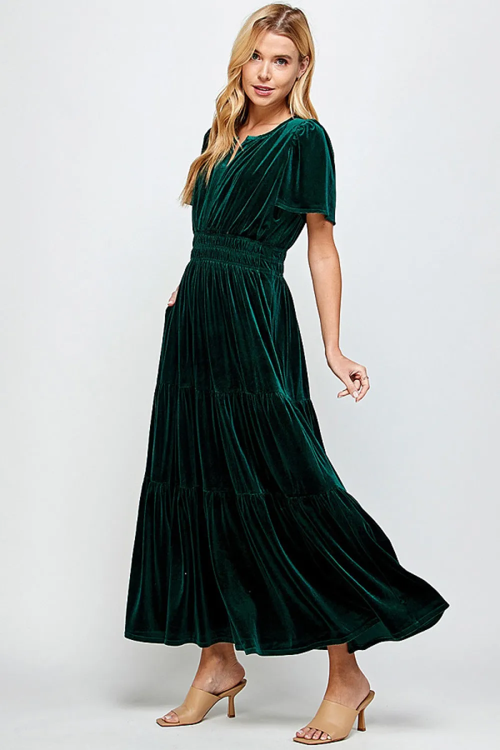 Art-Gallery Hunter Green Velvet Tiered Midi Dress