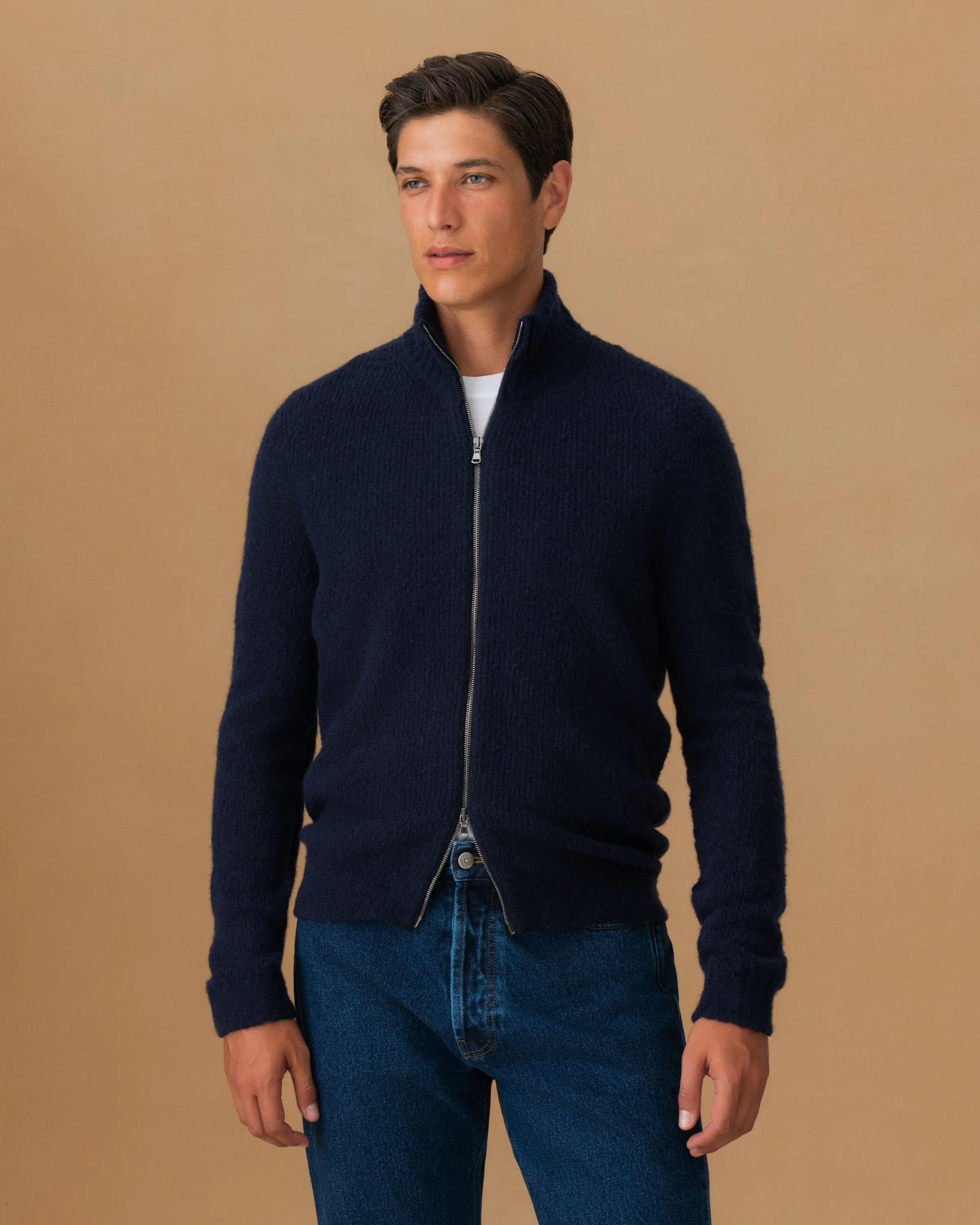 Loopwheel Construction Felted Wool Cashmere Zip-Through Sweater