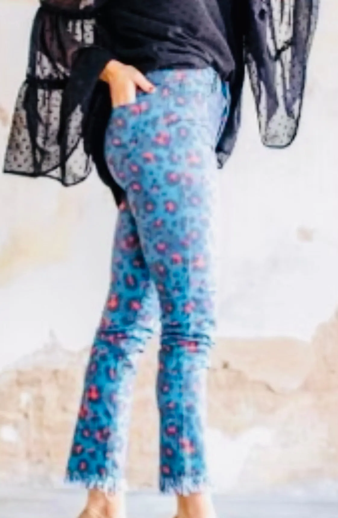 Cozy Material Rayon drape Jade & Orange Leopard Skinny Jeans