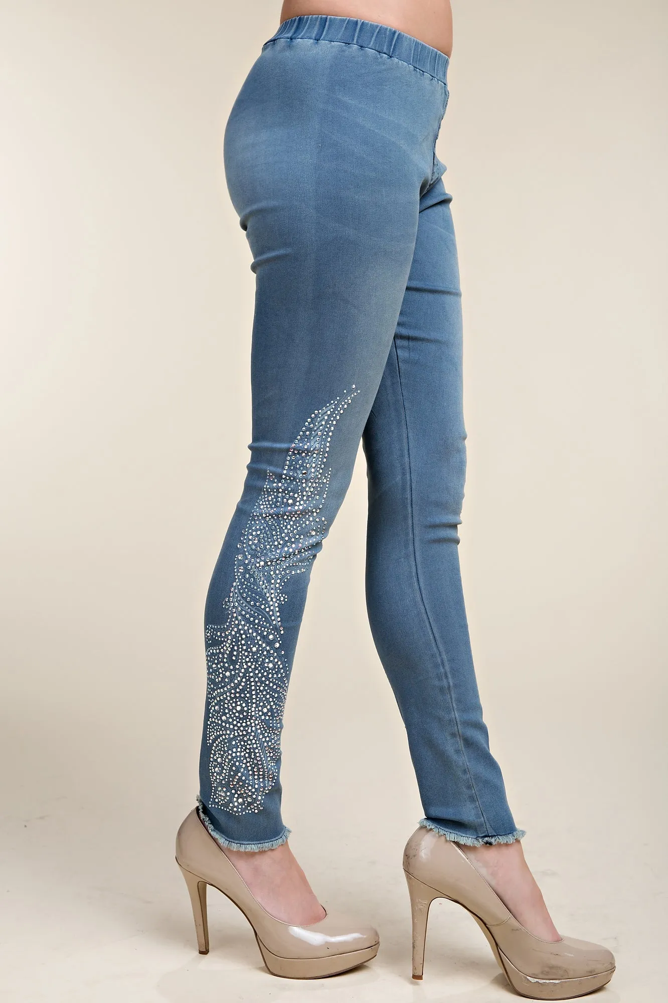 Jeggings with Rhinestone Leaf Print Detail Functional Fashion