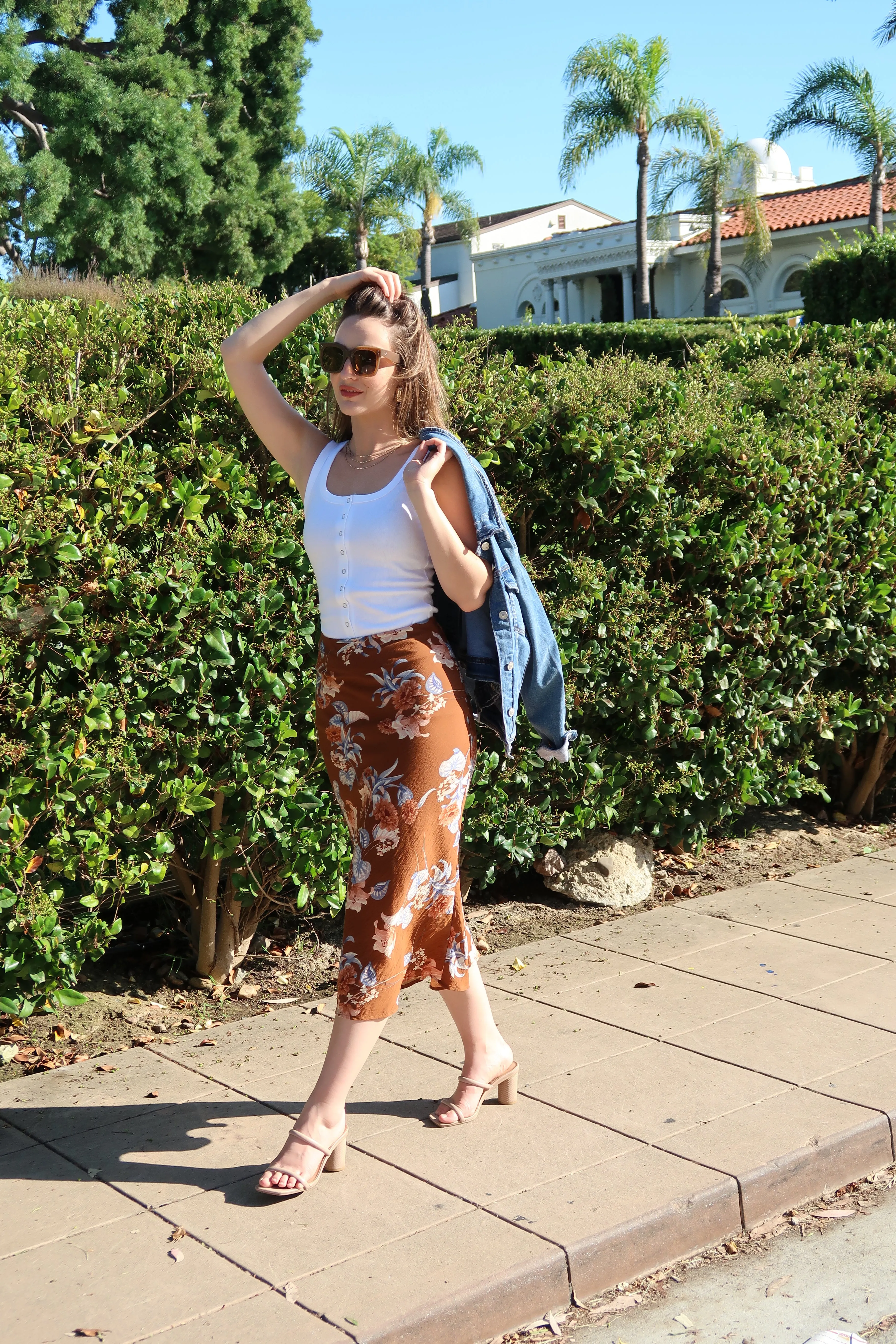 Foldable Packability Comfort Waistline Jill High Waist Floral Midi Skirt Brown