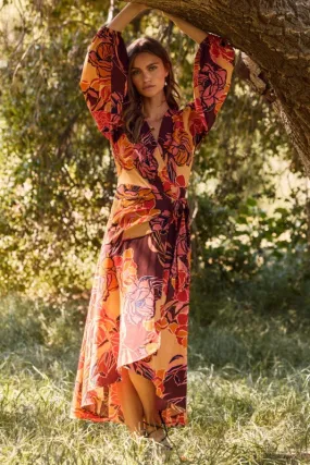 Sophisticated Layers Kendall Long Sleeve Floral Print Wrap Midi Dress Brown