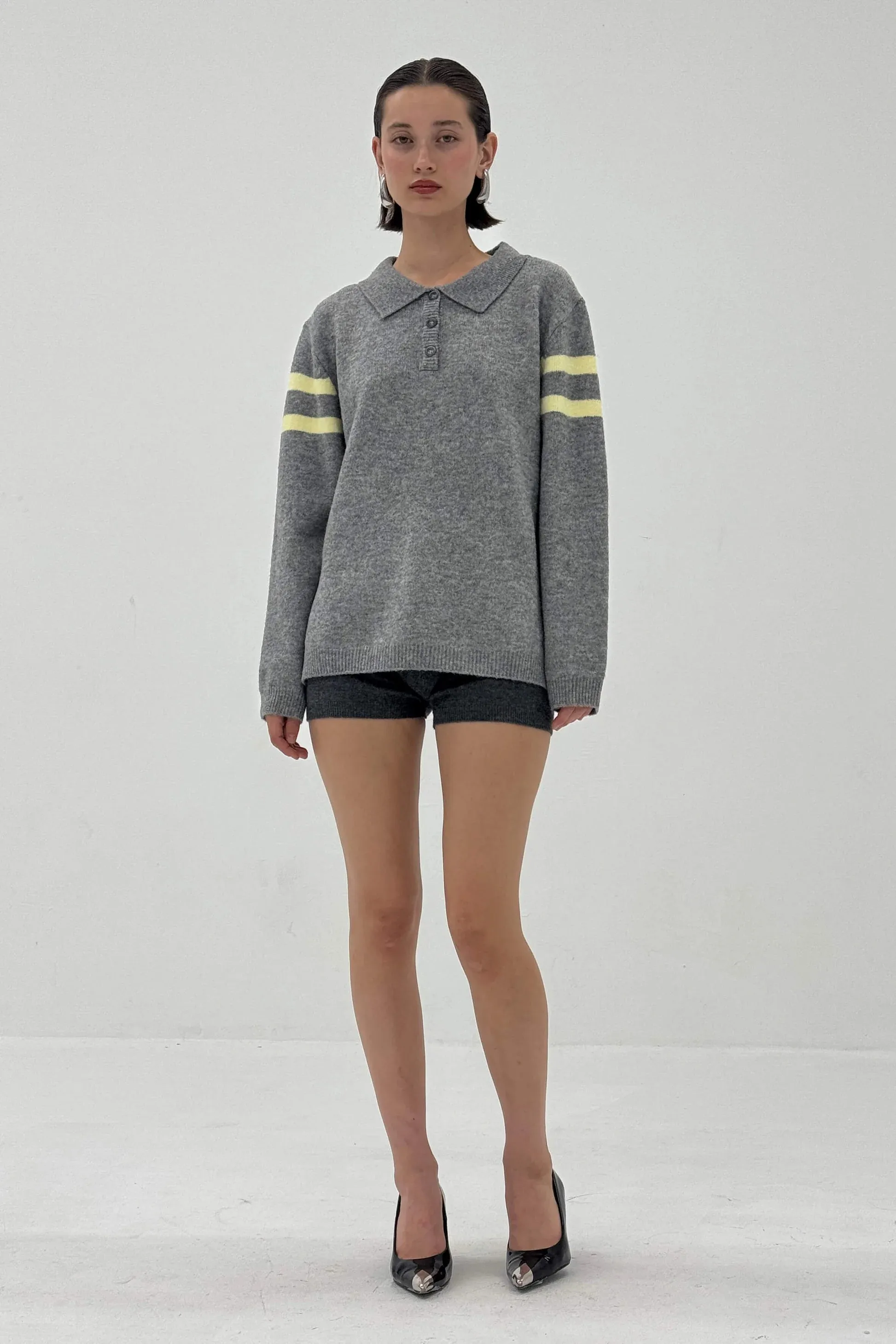 Stripe Polo Sweater Zigzag Stitch Detail