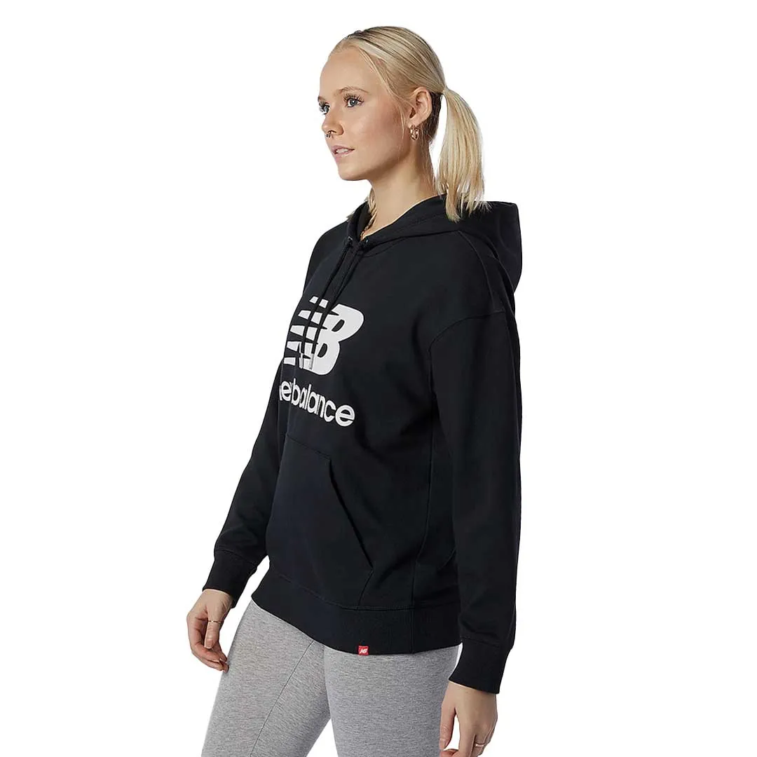 New Balance - Women's Essentials Stacked Logo Oversized Pullover Hoodie (WT03547 BK) Asymmetric Hemline Snap Closures