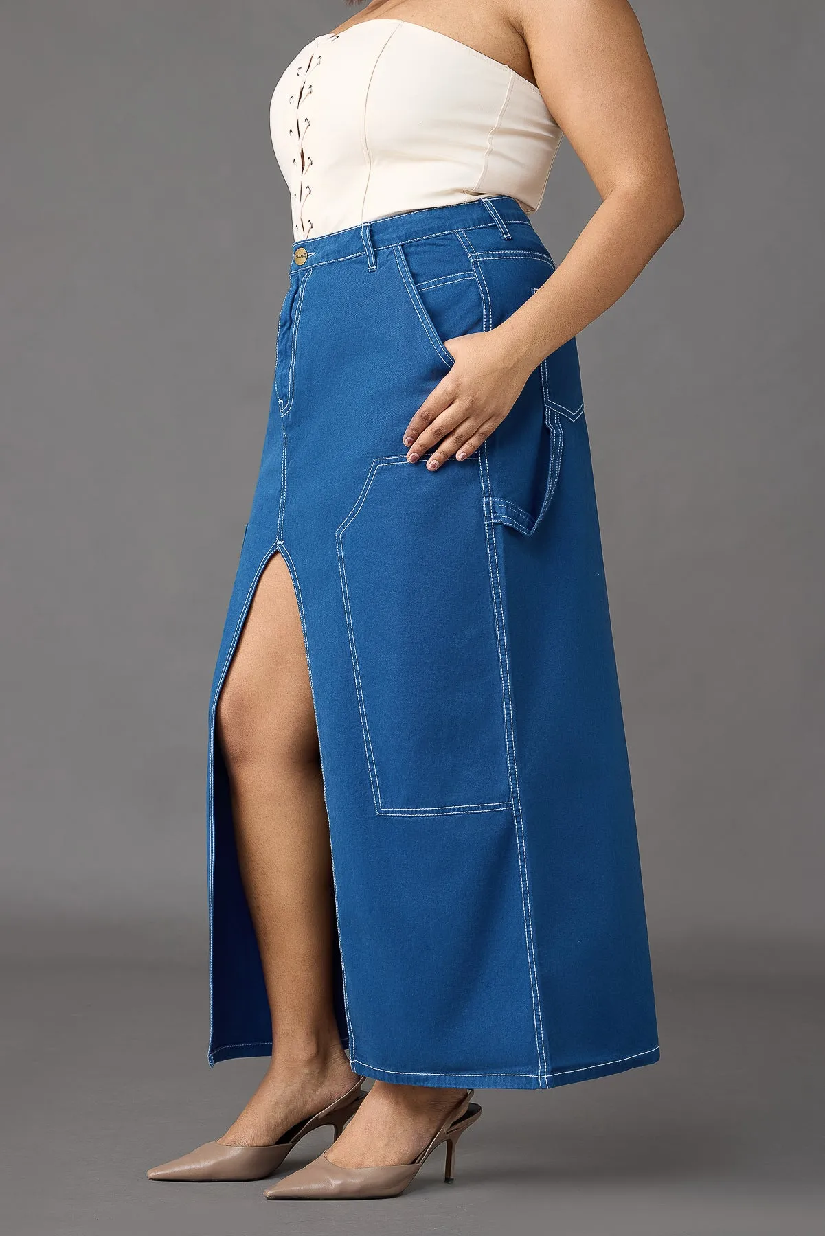 Curve Cobalt Blue Contrast Stitch Front Slit Long Skirt Future Fashion