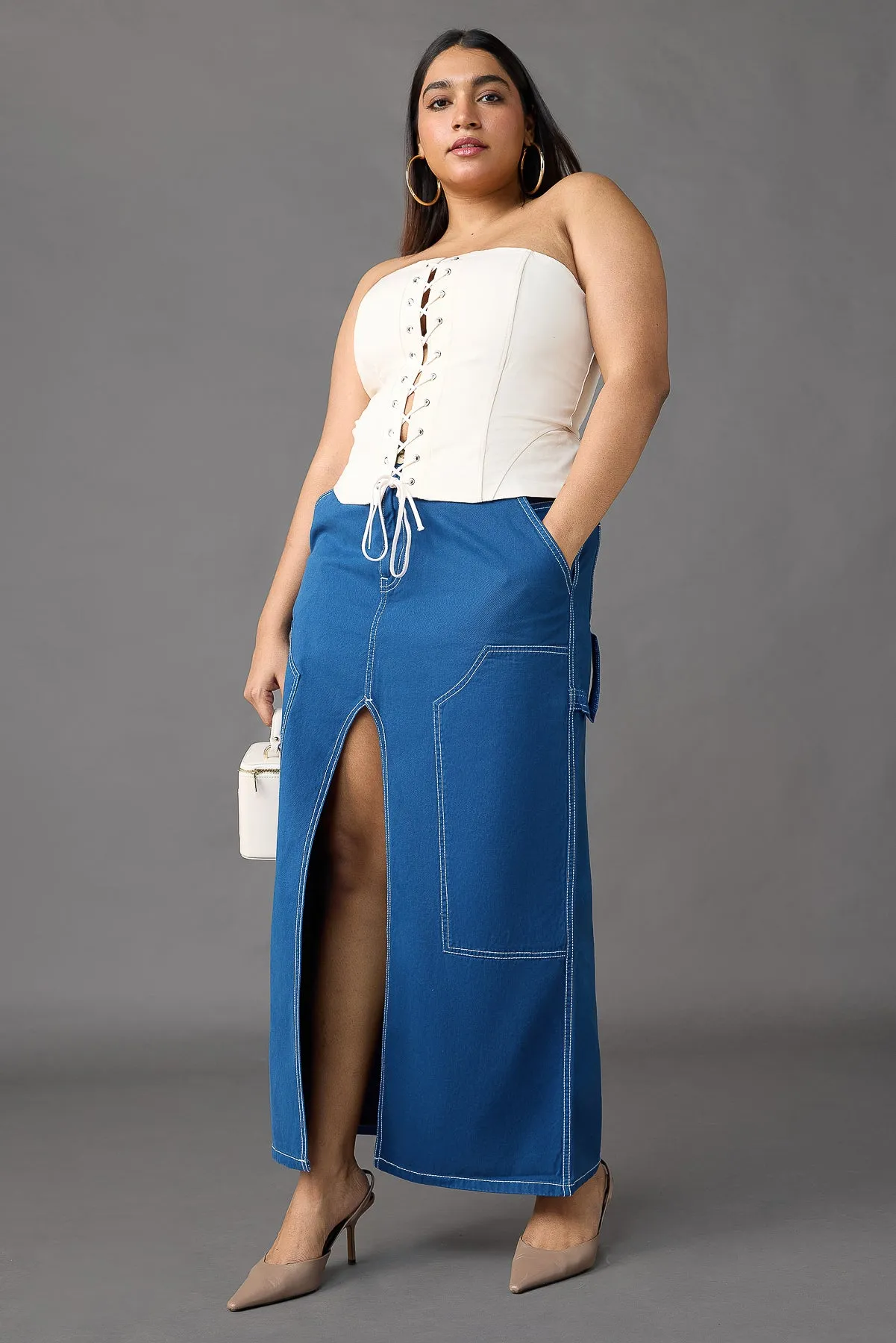 Curve Cobalt Blue Contrast Stitch Front Slit Long Skirt Artisanal Craft Cozy Movement