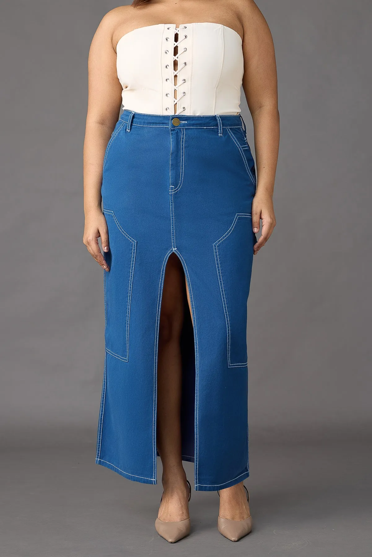Curve Cobalt Blue Contrast Stitch Front Slit Long Skirt Sustainable