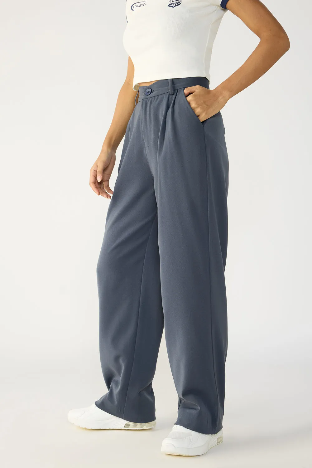 CompressionFitFabric Dark Grey Double Pleated Women's Wide Korean Pants