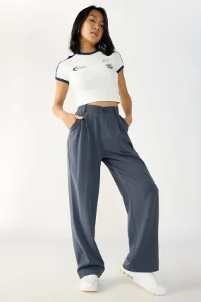 Dark Grey Double Pleated Women's Wide Korean Pants Breathable Comfort Fit