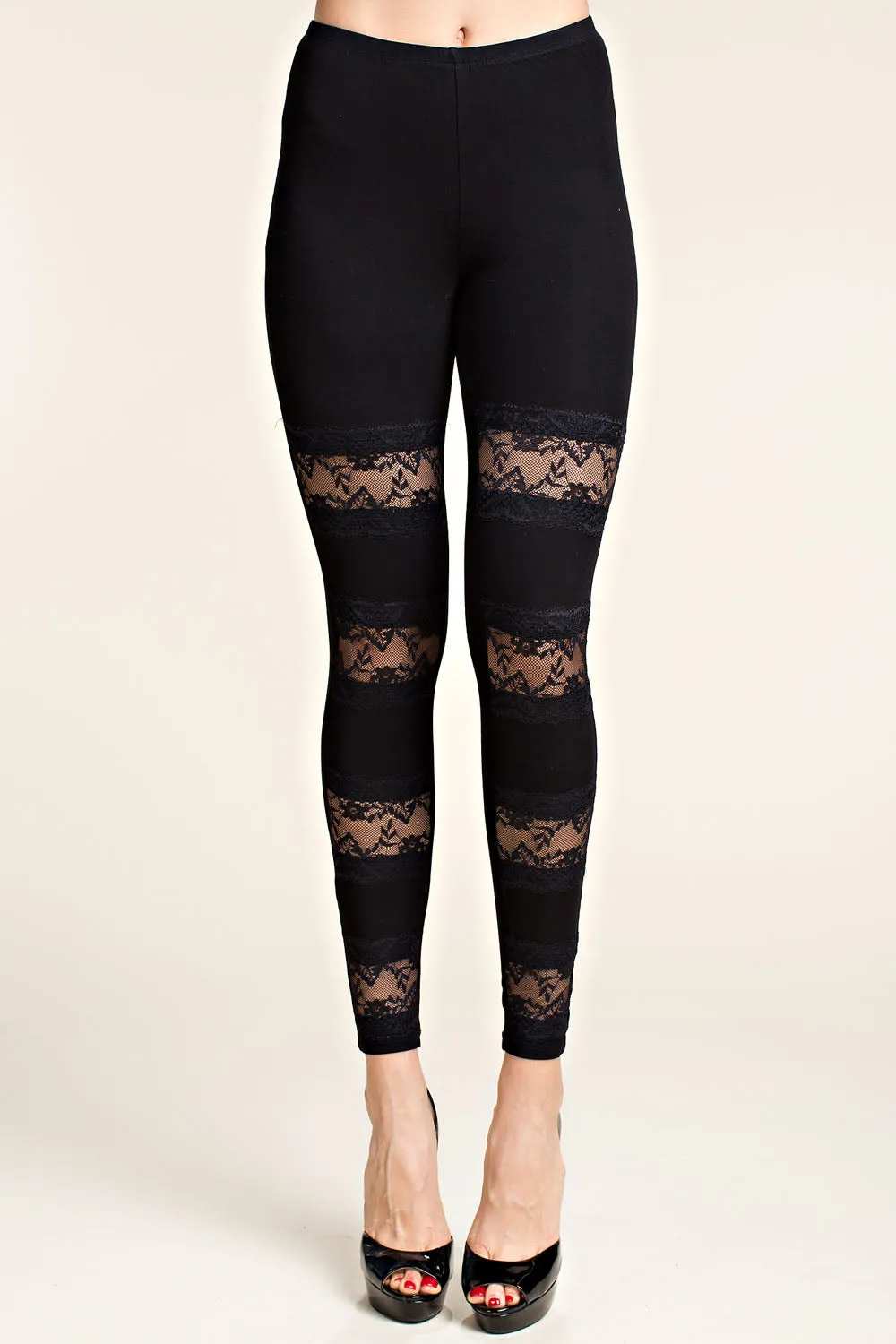 High Rise Knit Leggings With Lace Panels Stretch Fit Wear