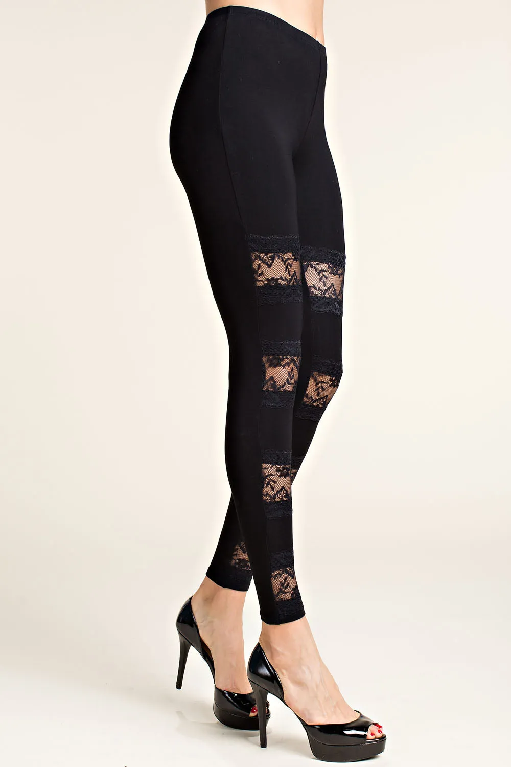 High Rise Knit Leggings With Lace Panels Body Movement