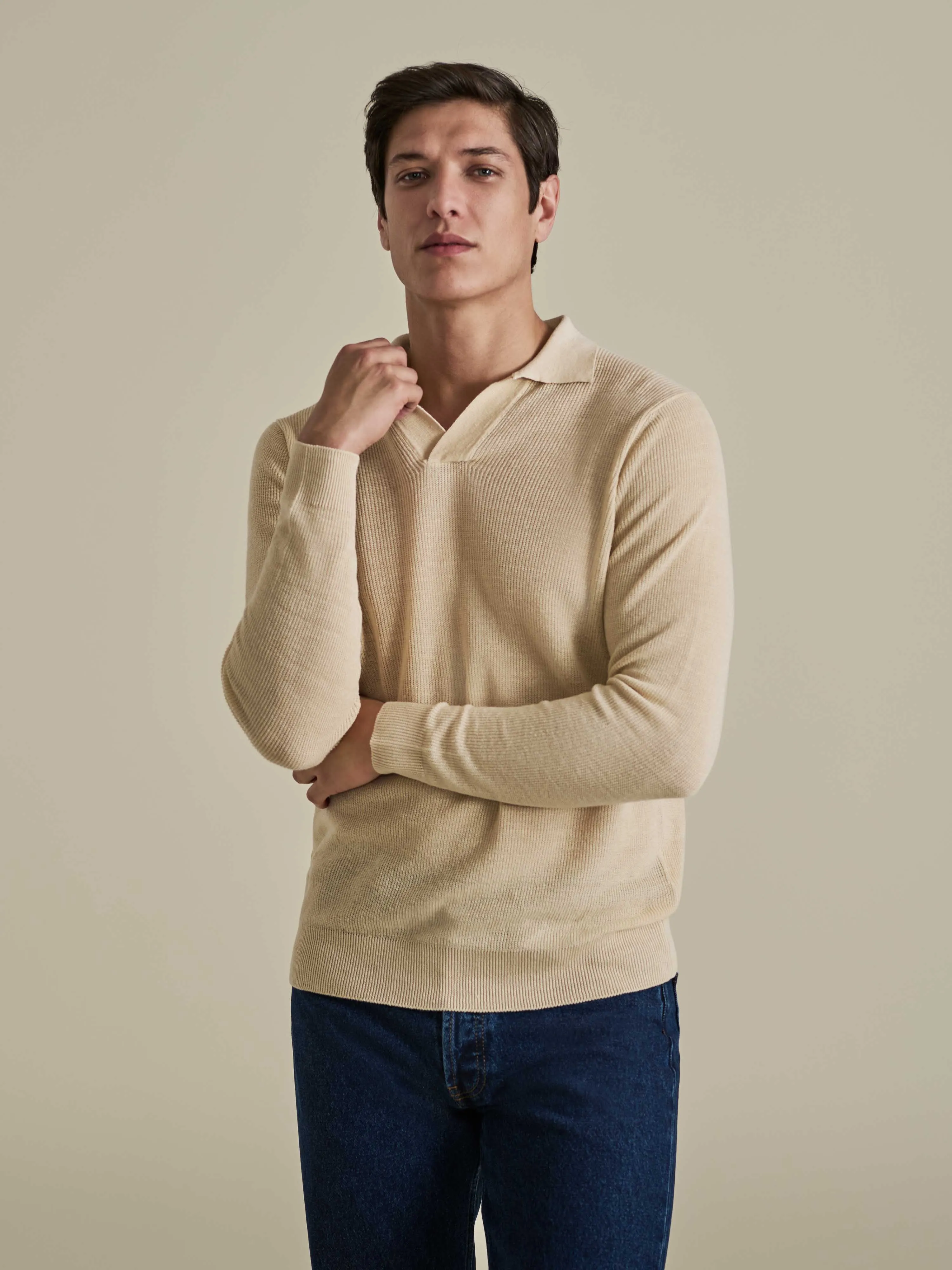 Linen Cotton Long Sleeve Skipper Polo Shirt Eco Friendly Fibers Snug Style