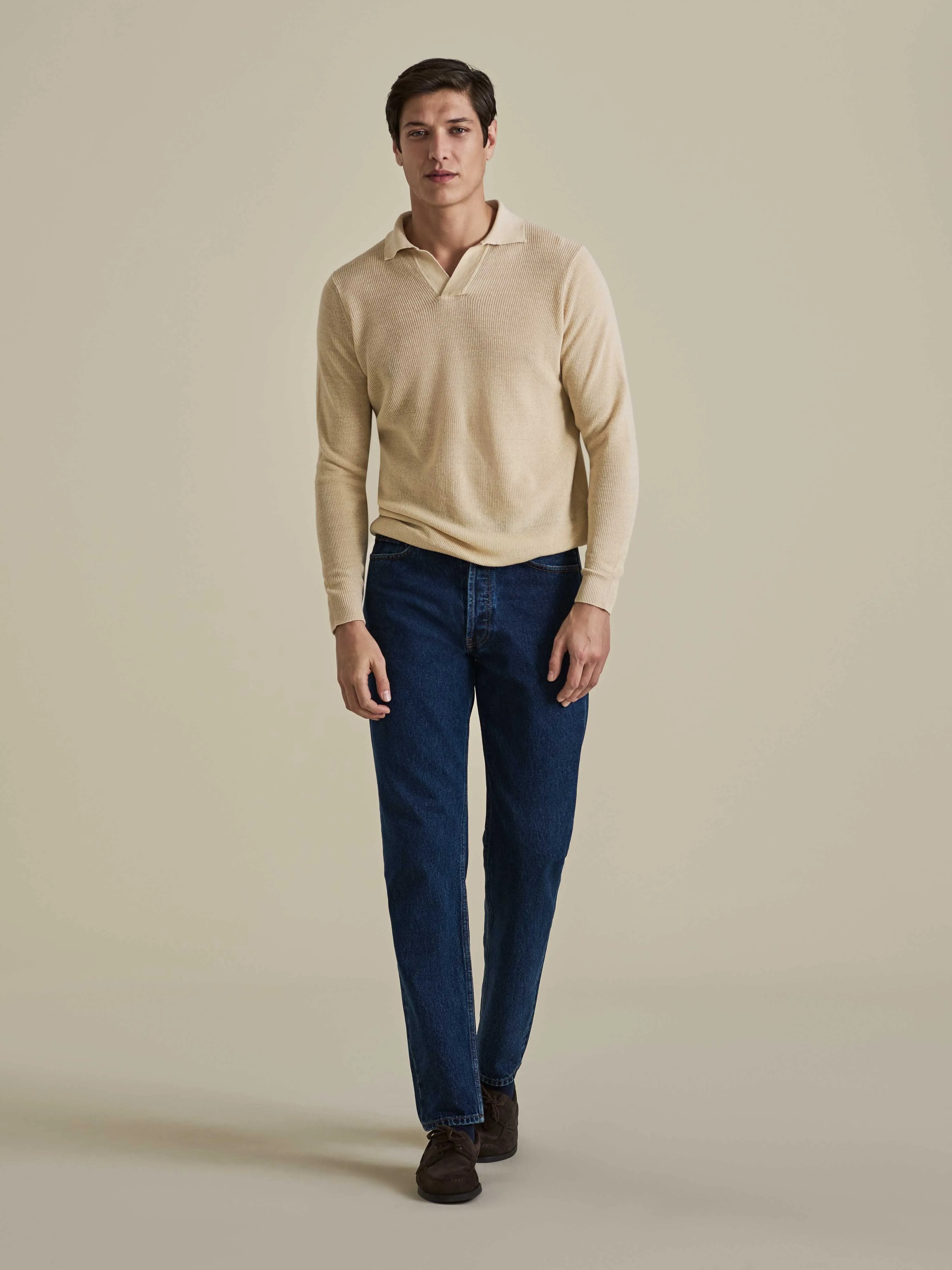 Gentle Stretch Waistband Linen Cotton Long Sleeve Skipper Polo Shirt