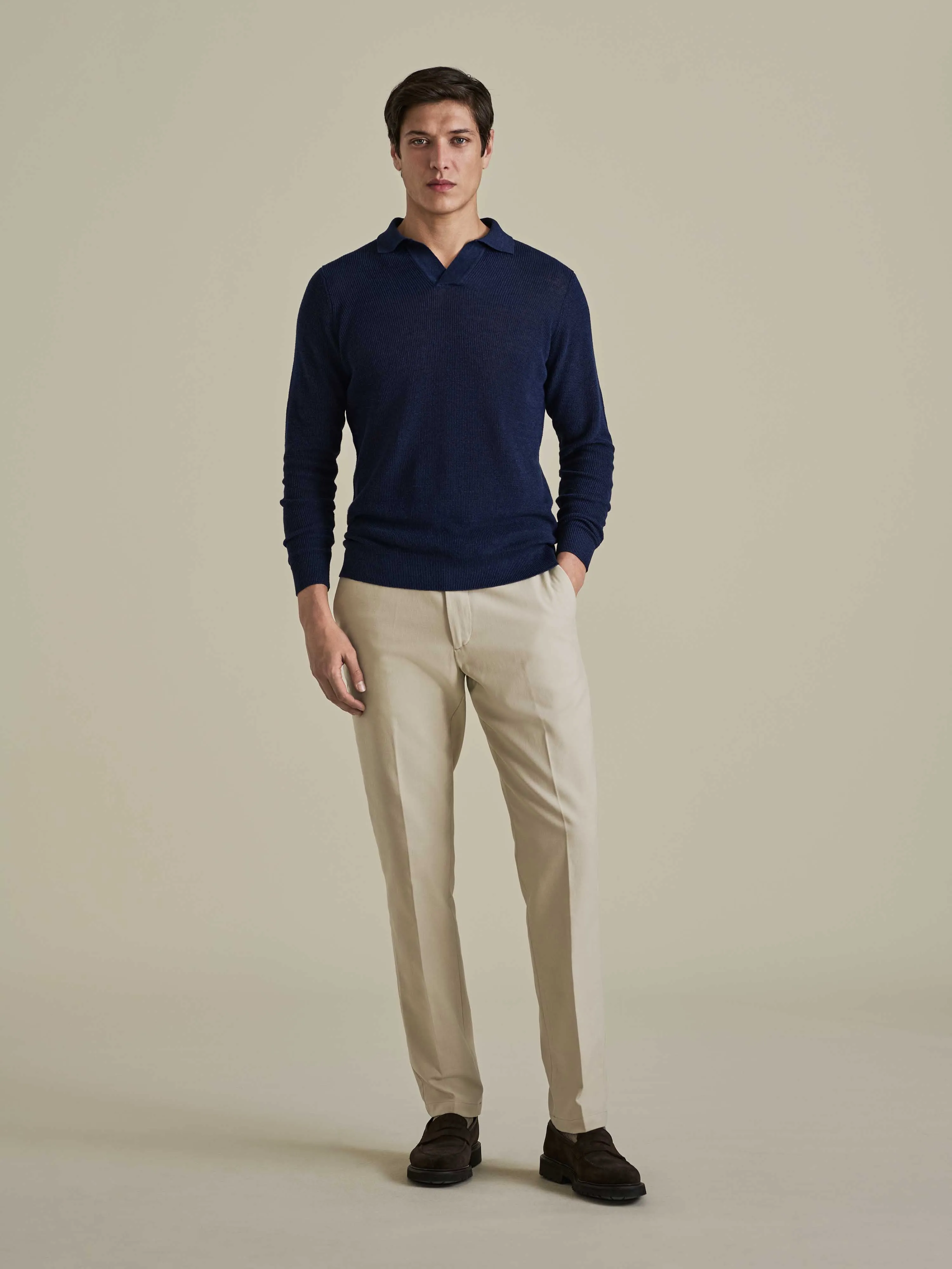 Linen Cotton Long Sleeve Skipper Polo Shirt Textured Surface