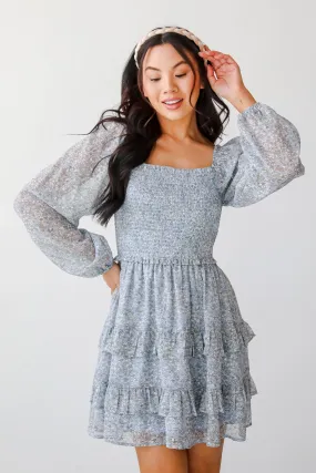 FINAL SALE - Modern Romantic Light Blue Floral Smocked Mini Dress Comfortable office piece Love Blend