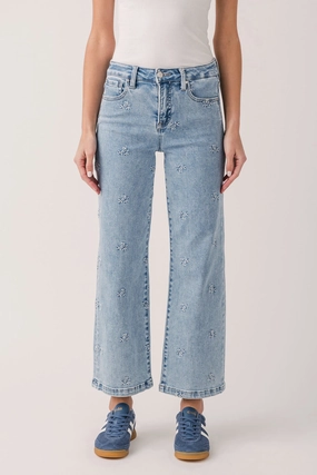 Comfy Choice Risen Daisy High Rise Embroidered Crop Wide Leg Jeans