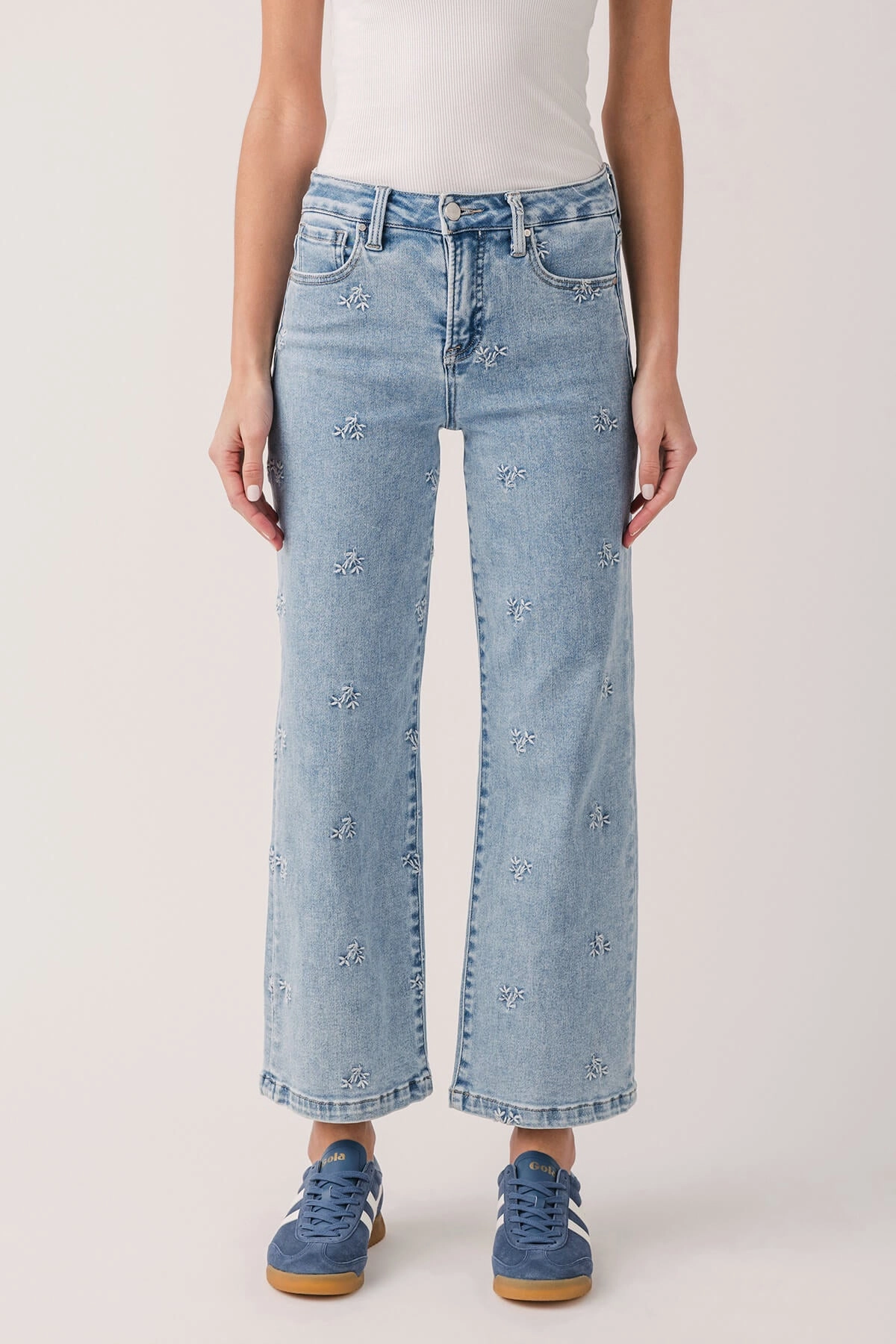 Comfy Choice Risen Daisy High Rise Embroidered Crop Wide Leg Jeans