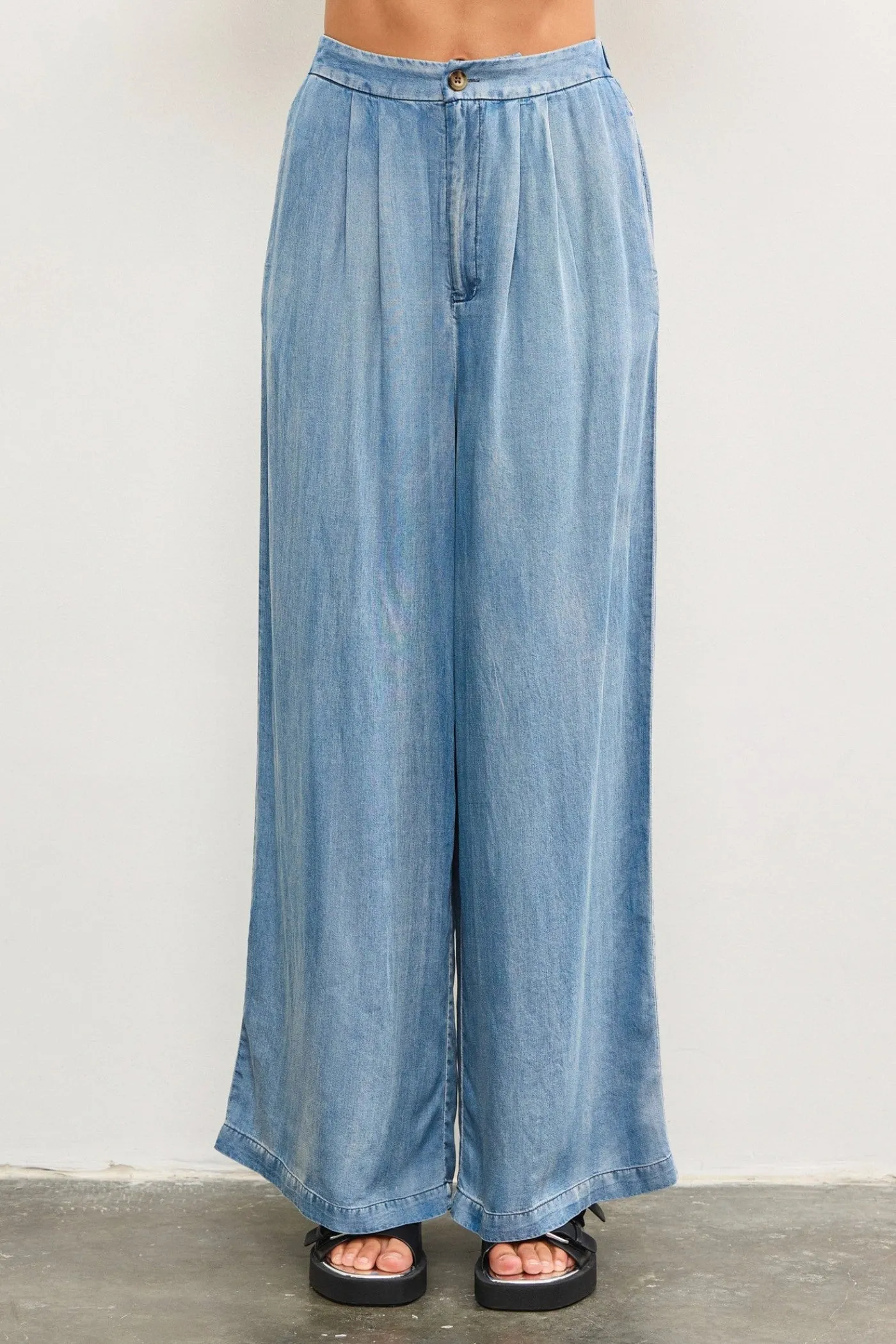 MADDIE DENIM WIDE-LEG PANTS Shape Retention Polyester fabric