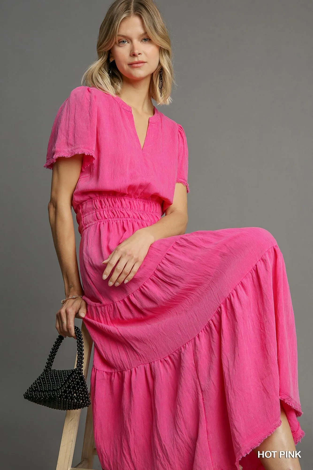 Hot Pink Snow Washed Tiered Maxi Dress Layered-Look