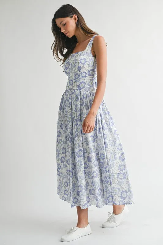 Margaret Sleeveless Back Tie Floral Print Midi Dress Blue Subtle Lines Cozy Cut