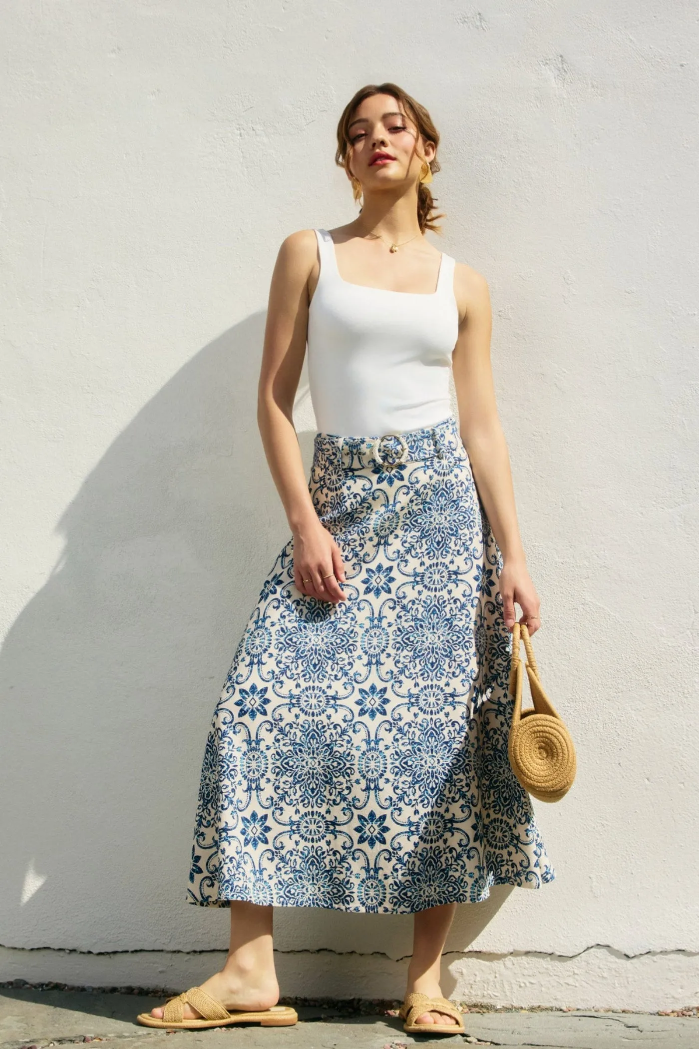 Fresh Vibe MARISSA MOSAIC BELTED MIDI SKIRT