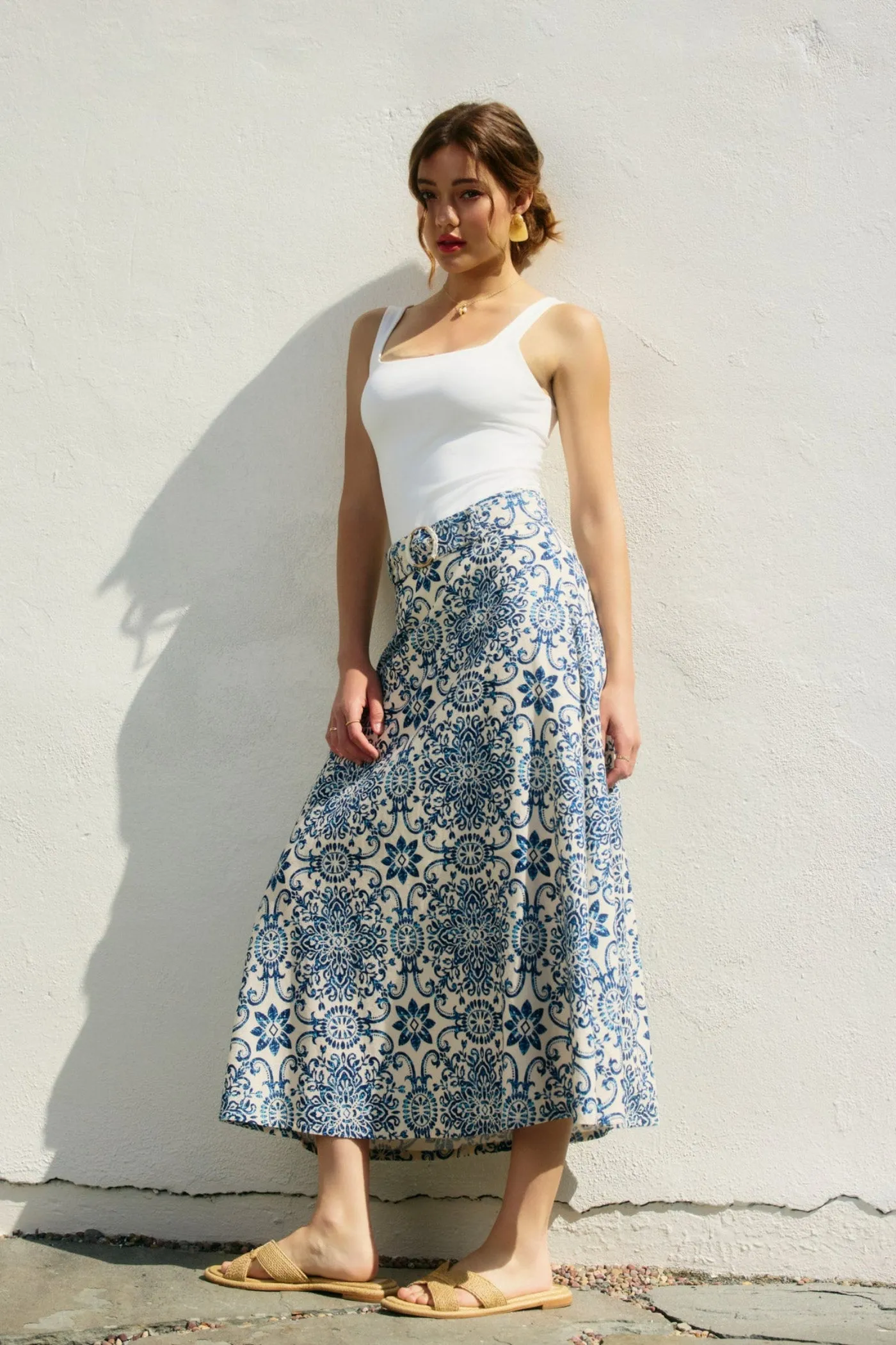 MARISSA MOSAIC BELTED MIDI SKIRT Lightweight Fabric