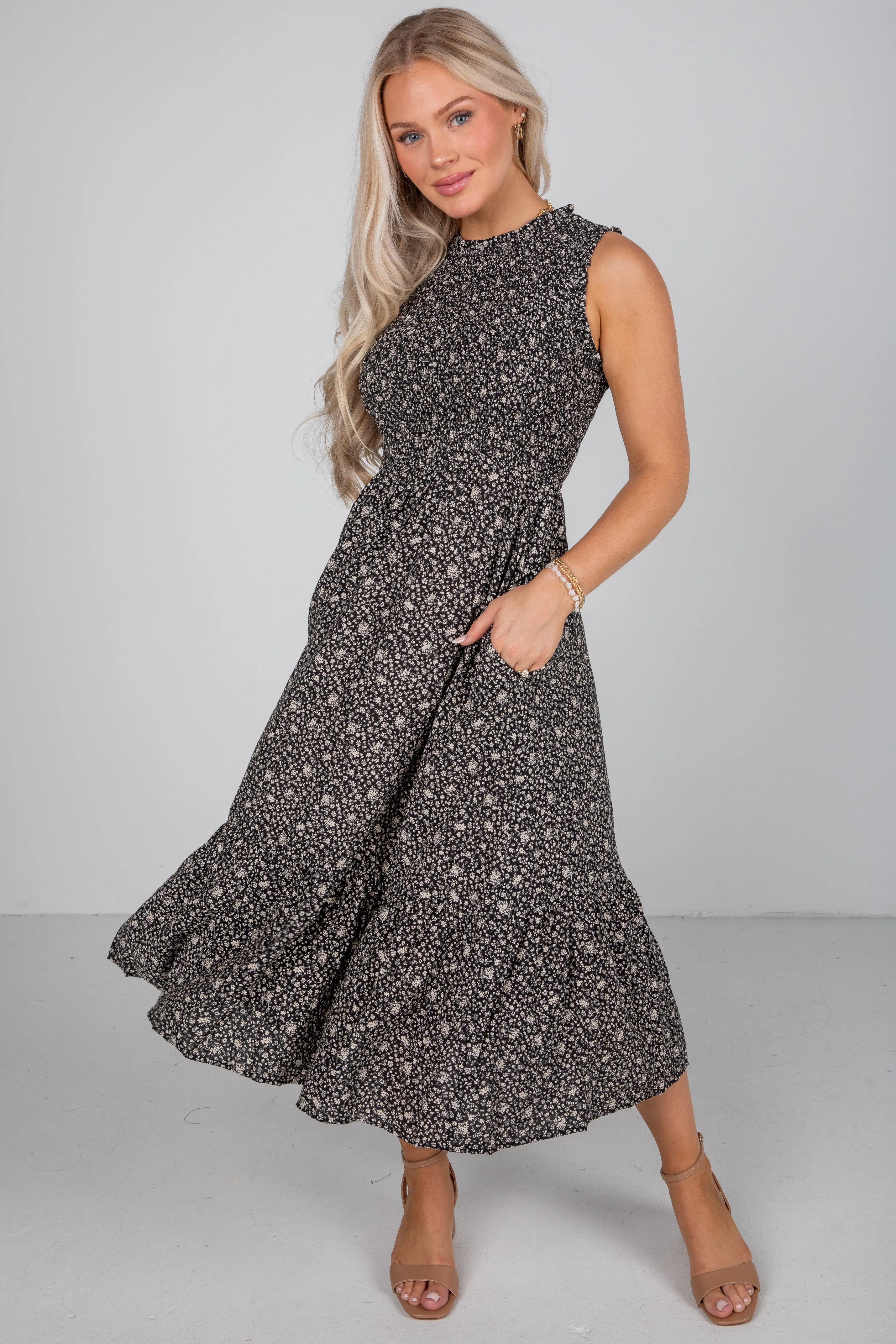 Stylish Layer Timeless Shape Marvelous Time Black Smocked Floral Midi Dress