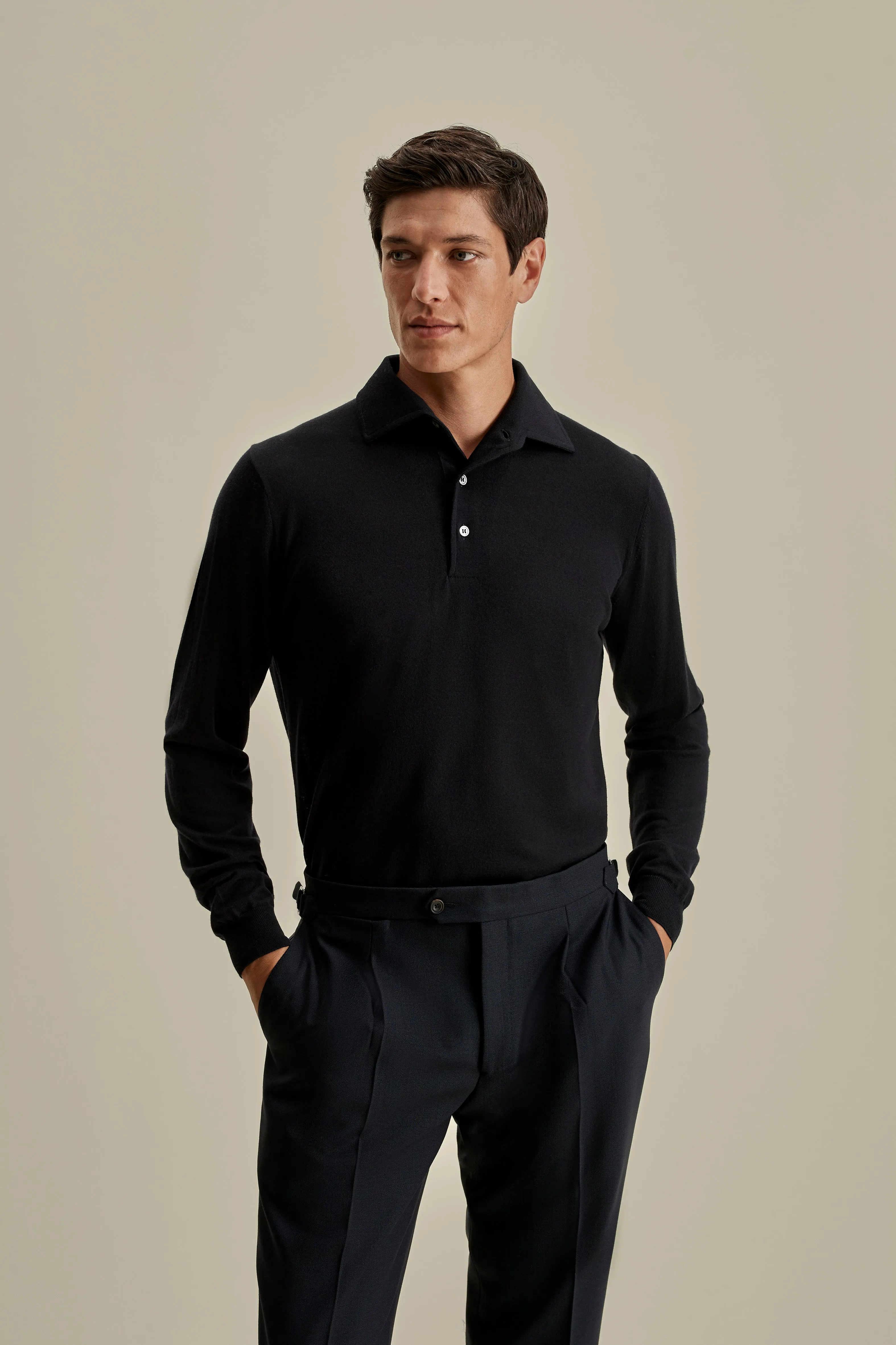 Merino Wool Extrafine Long Sleeve Polo Shirt MicrofiberBlend Texture