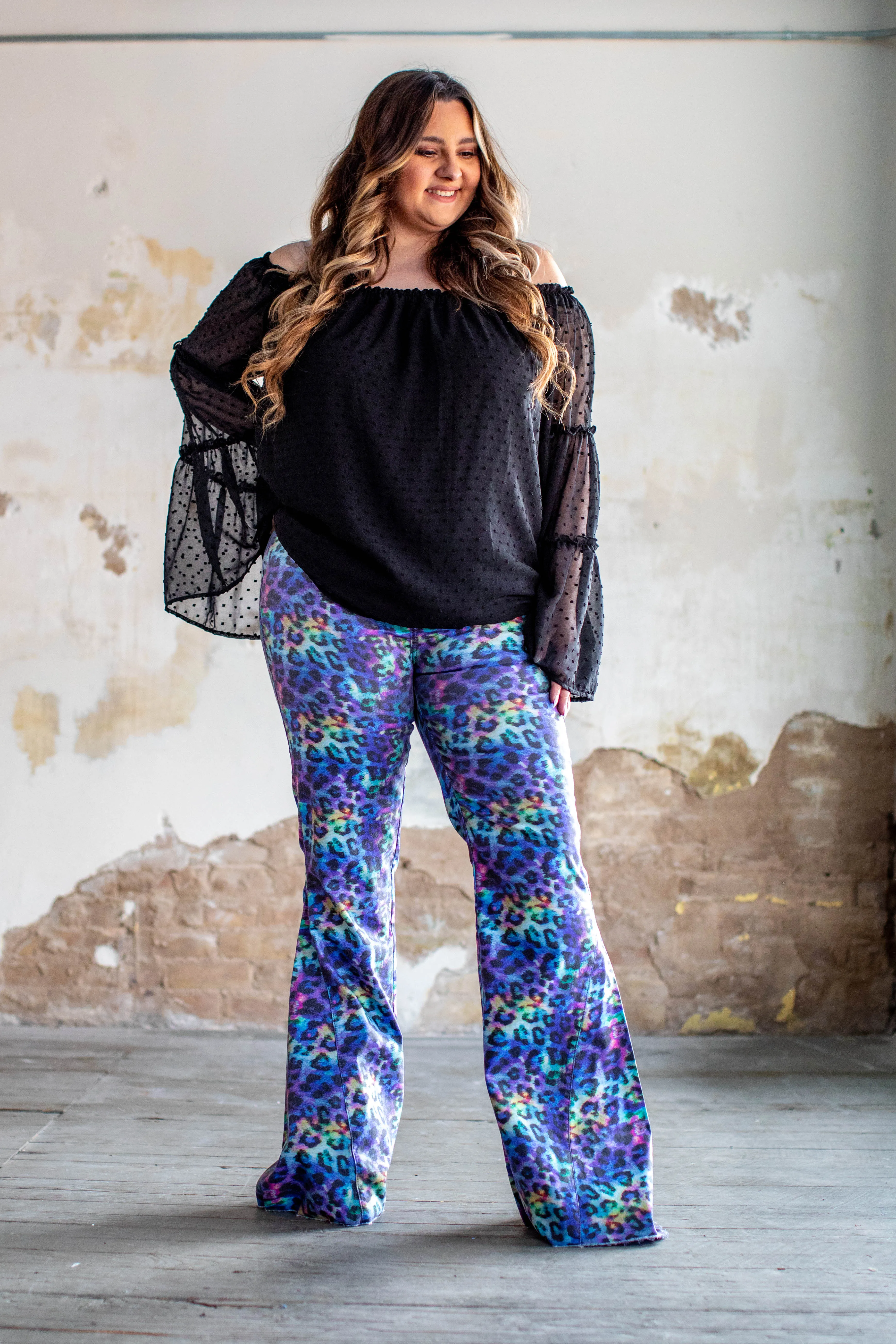 Iridescent Leopard Bell Bottoms Jeans TailoredSilhouette Day Adventure