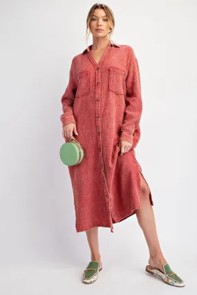 Pure Piece Family Glow Washed Red Cotton Gauze Button Down Shirt Dress