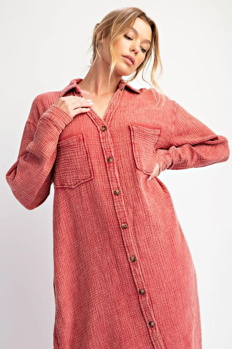 Lounge Outfit Washed Red Cotton Gauze Button Down Shirt Dress