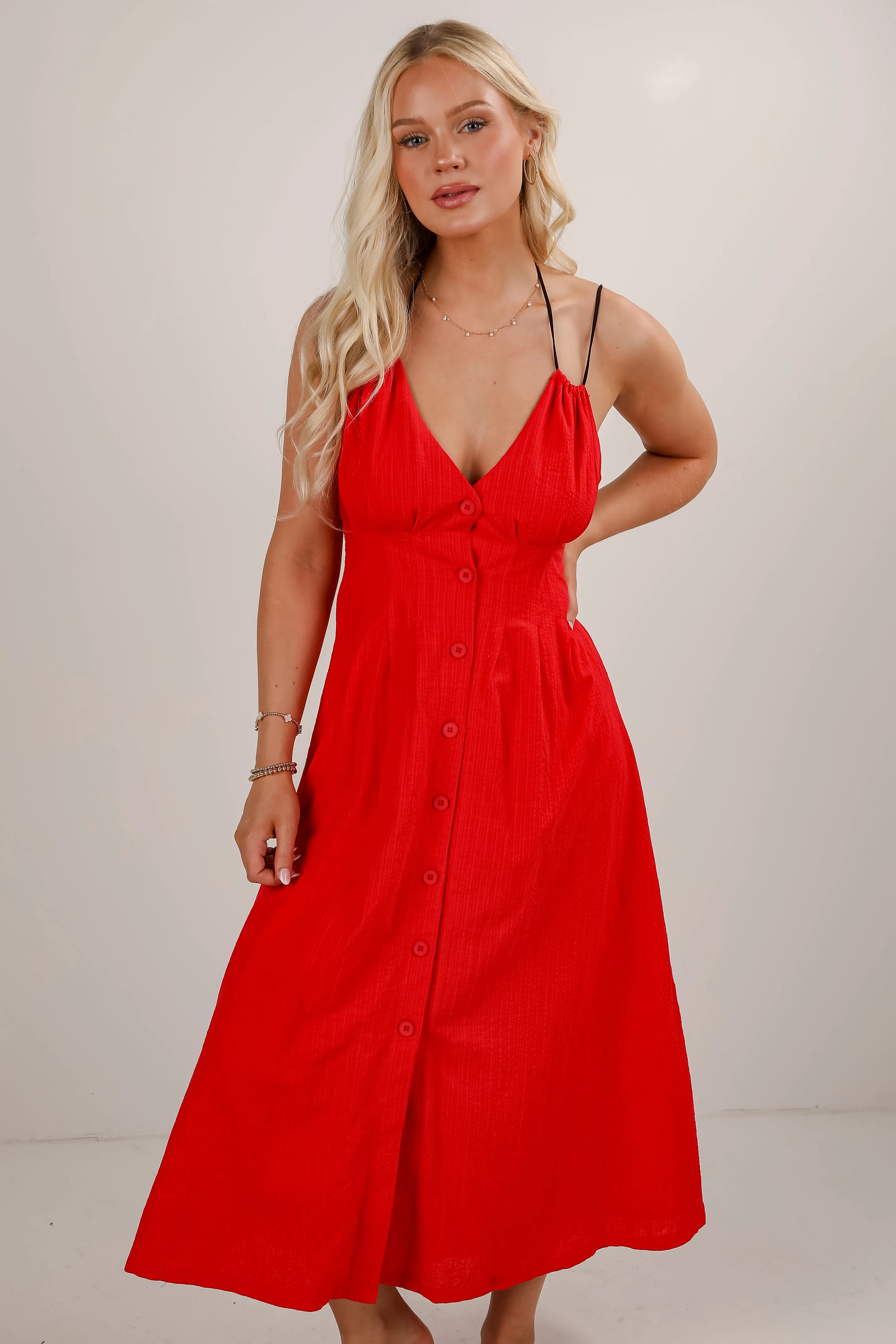 FINAL SALE - Right On Time Red Midi Dress Ethically-Made Comfortable Wear