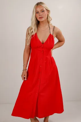 FINAL SALE - Right On Time Red Midi Dress Ethically-Made Comfortable Wear