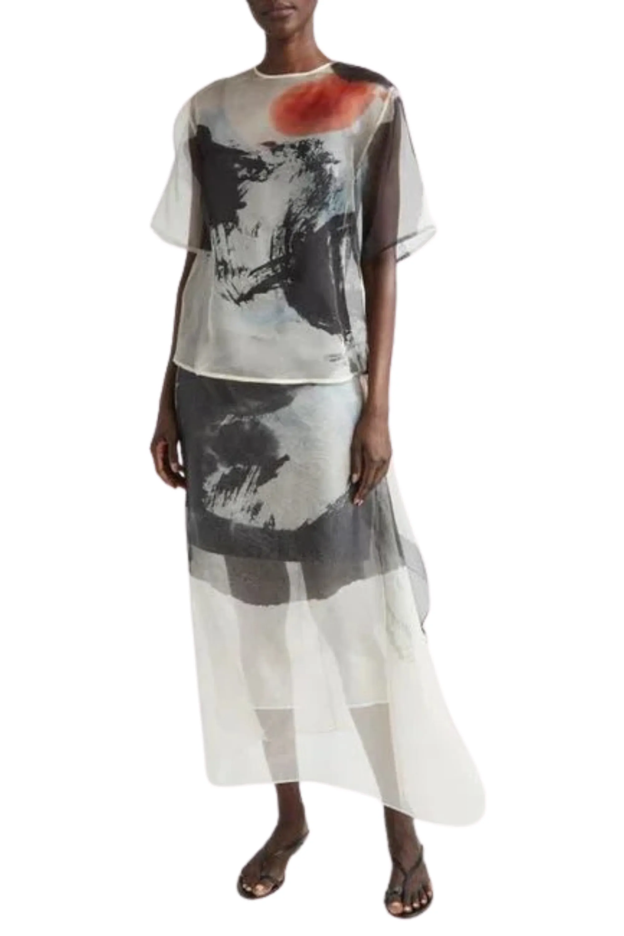 SILK ORGANZA PRINTED MIDI SKIRT WITH ARTWORK BY TONG YANG-TZE Travel Ready