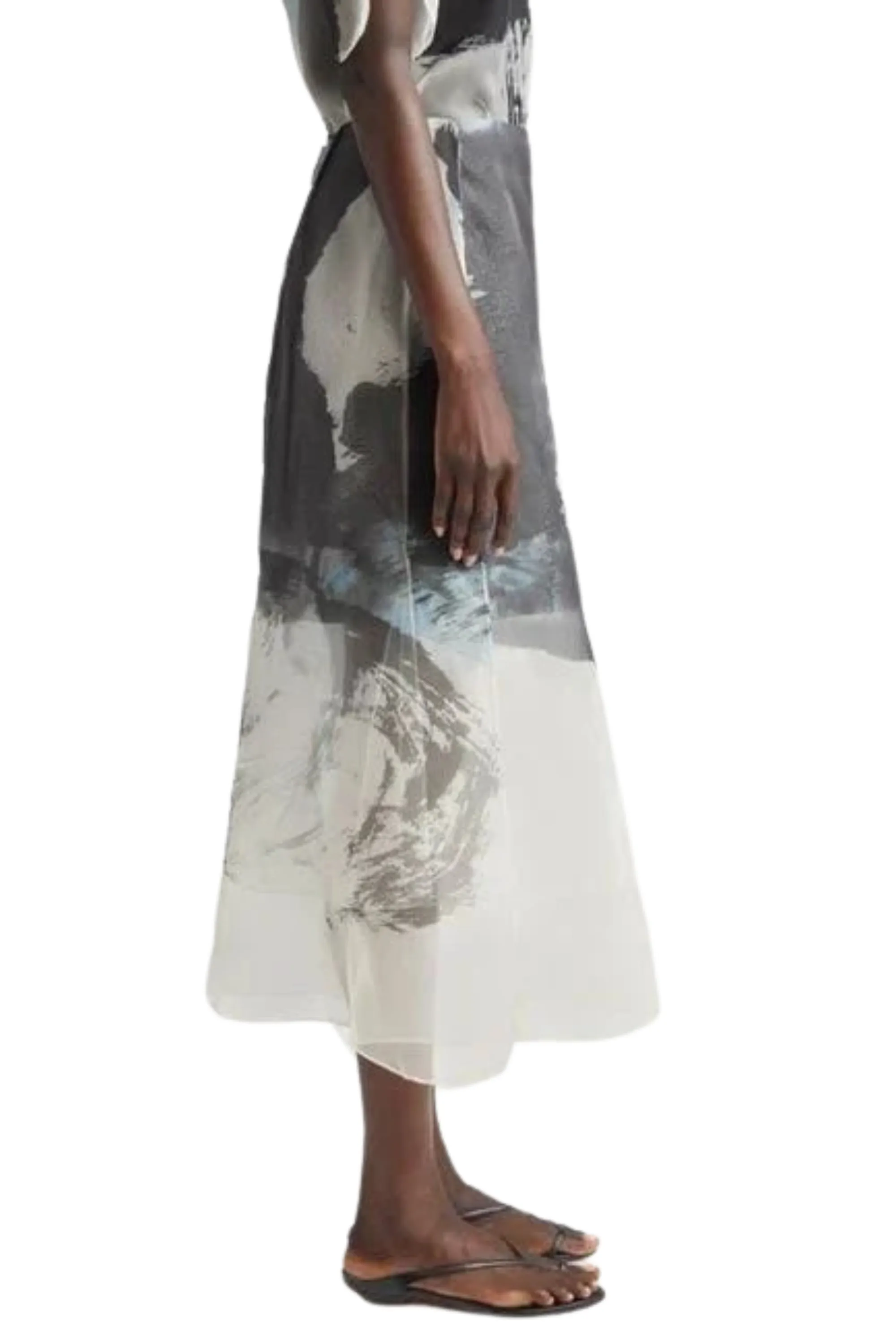 SILK ORGANZA PRINTED MIDI SKIRT WITH ARTWORK BY TONG YANG-TZE Button Fastenings Midi length