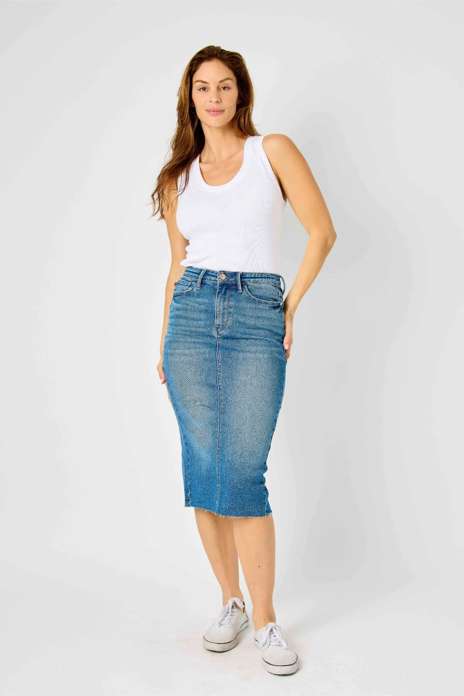 Judy Blue High Waist Mid Length Denim Skirt OdorResistantTreatment Body Ready