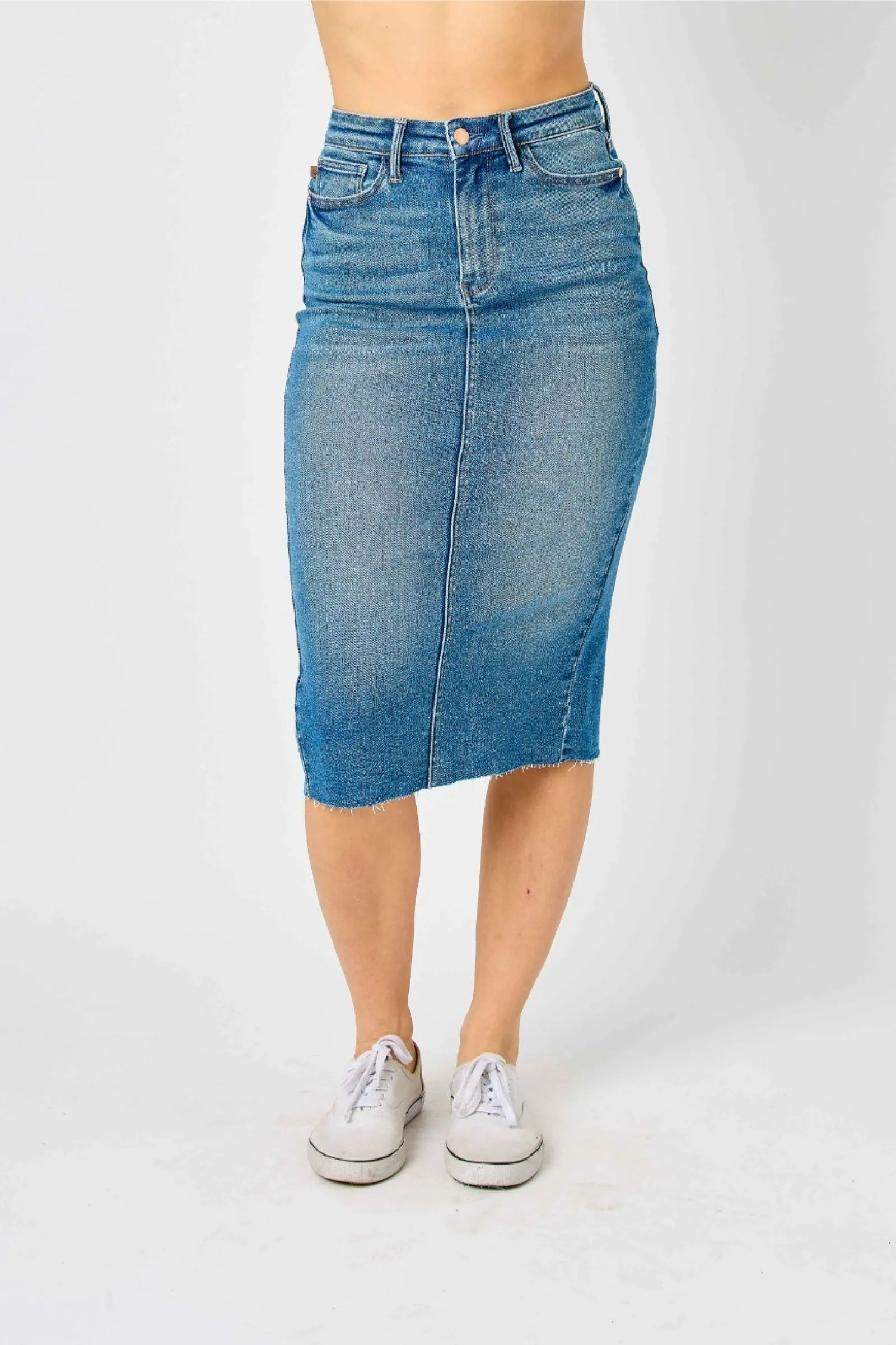 Comfortable Layers Secure Cuff Design Judy Blue High Waist Mid Length Denim Skirt
