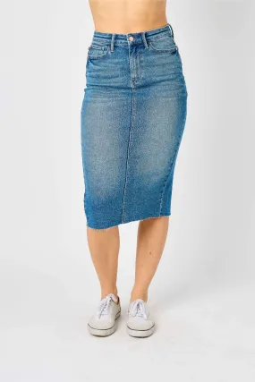 Comfortable Layers Secure Cuff Design Judy Blue High Waist Mid Length Denim Skirt