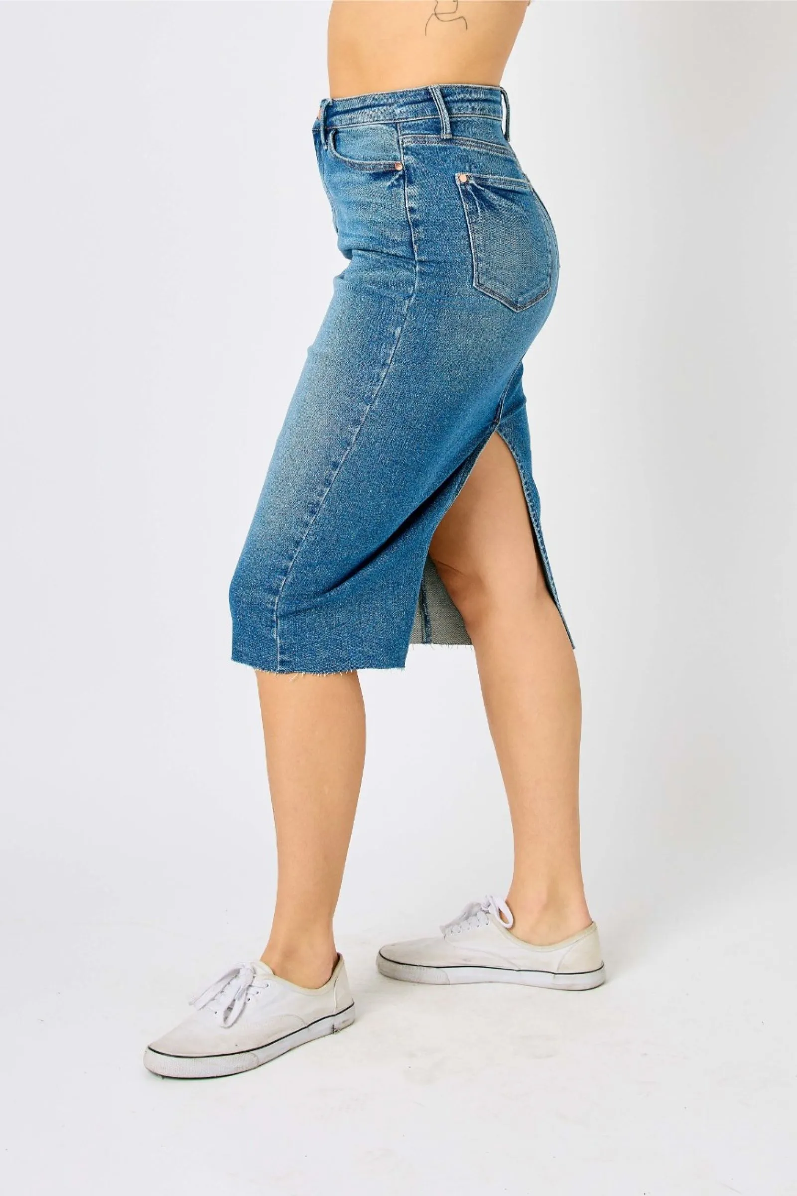 Judy Blue High Waist Mid Length Denim Skirt WaterproofTechnology Chilly Day Wear