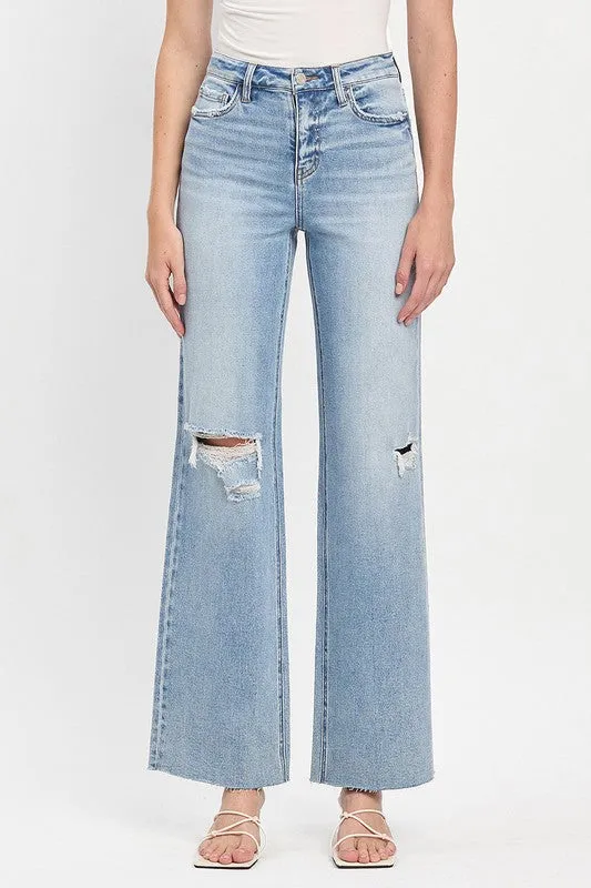 On The Move Noah High Rise Distressed Wide Leg Jeans Light Wash