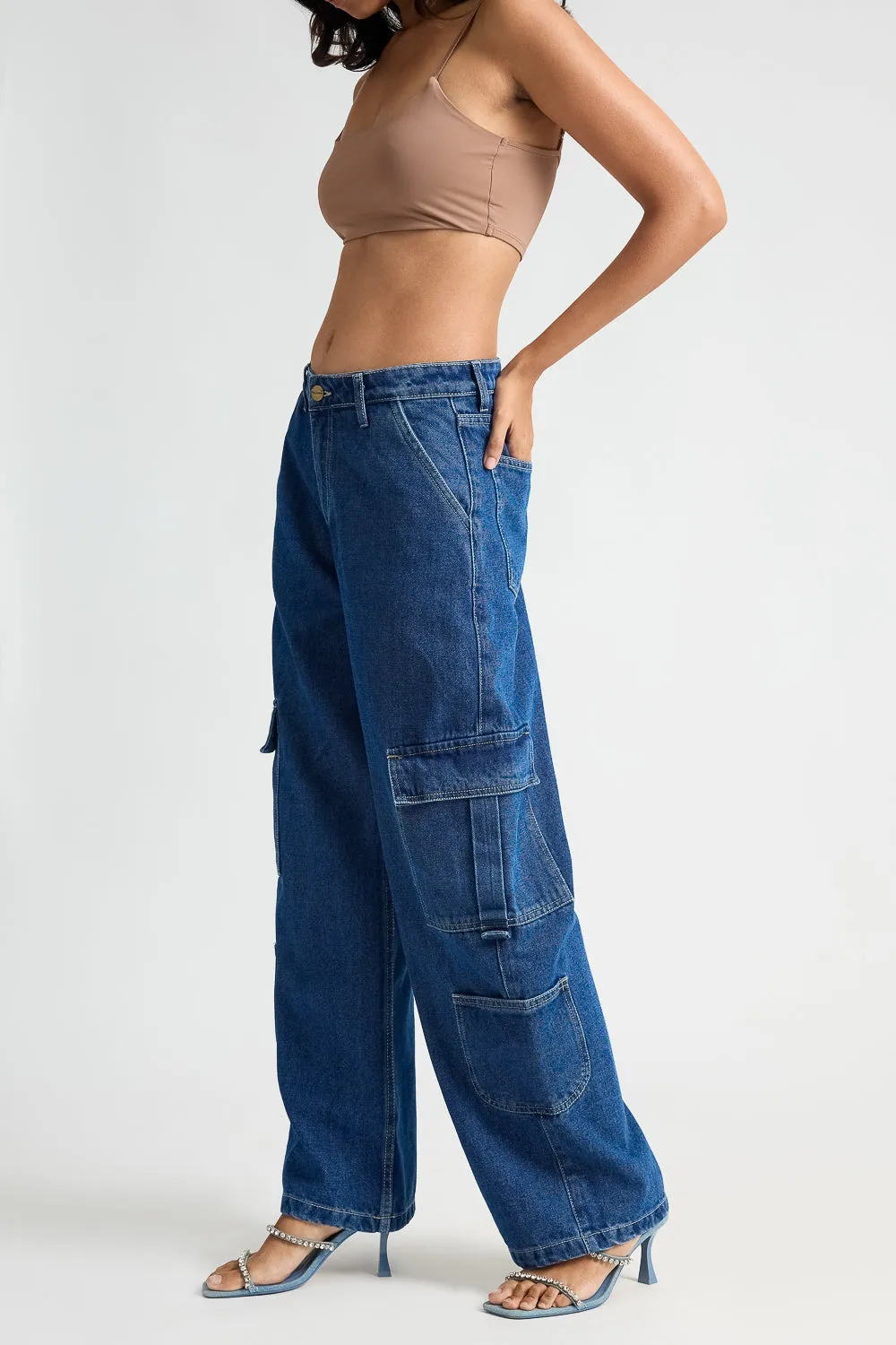 Indigo Utility Pocket Women's Baggy Straight Cargo Jeans Morning Stroll Sustainable Classic Flexible Match